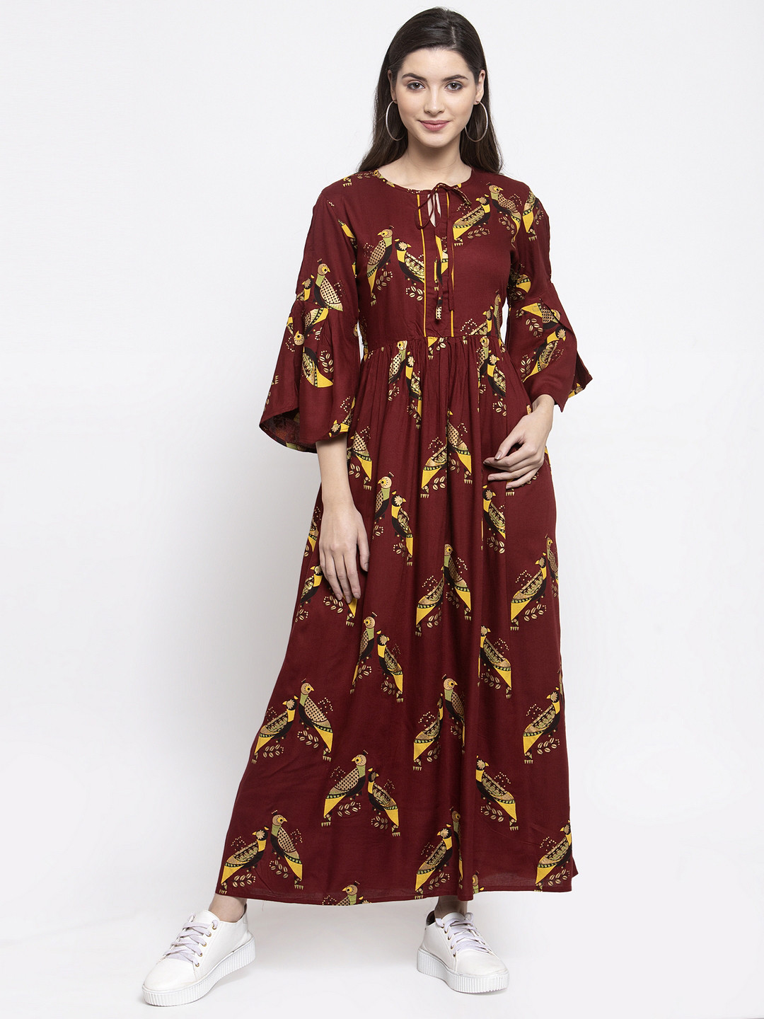 Indibelle Women Maroon & Yellow Bird Printed Maxi Dress