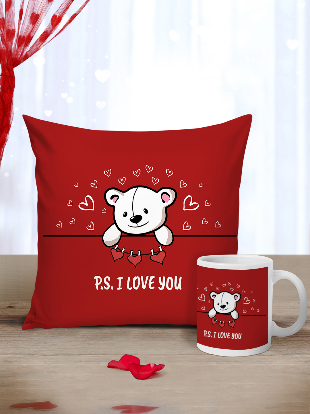 Tied Ribbons Red & White Valentine Cushion and Mug Gift Set