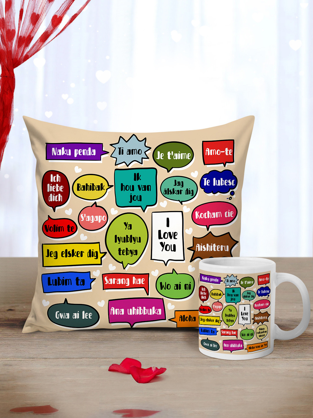 Tied Ribbons Multi-Coloured Valentine Cushion and Mug Gift Set