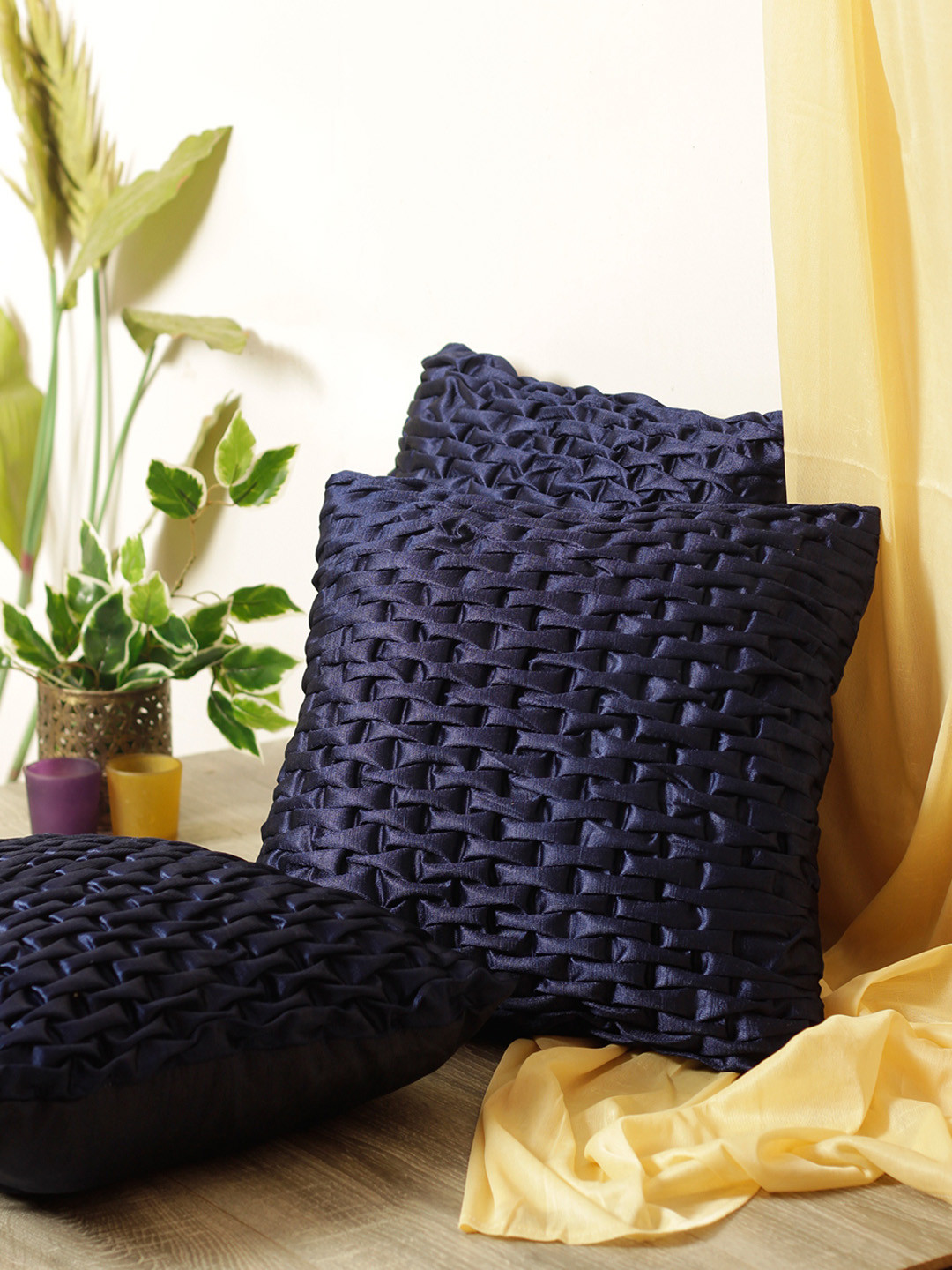 ROMEE Navy Blue Self Design Polyester Silk Washable 3 Pcs Textured Cushion Covers -16x16In