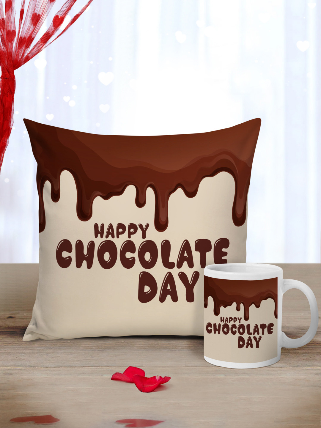 Tied Ribbons Brown & Beige Valentine Cushion and Mug Gift Set