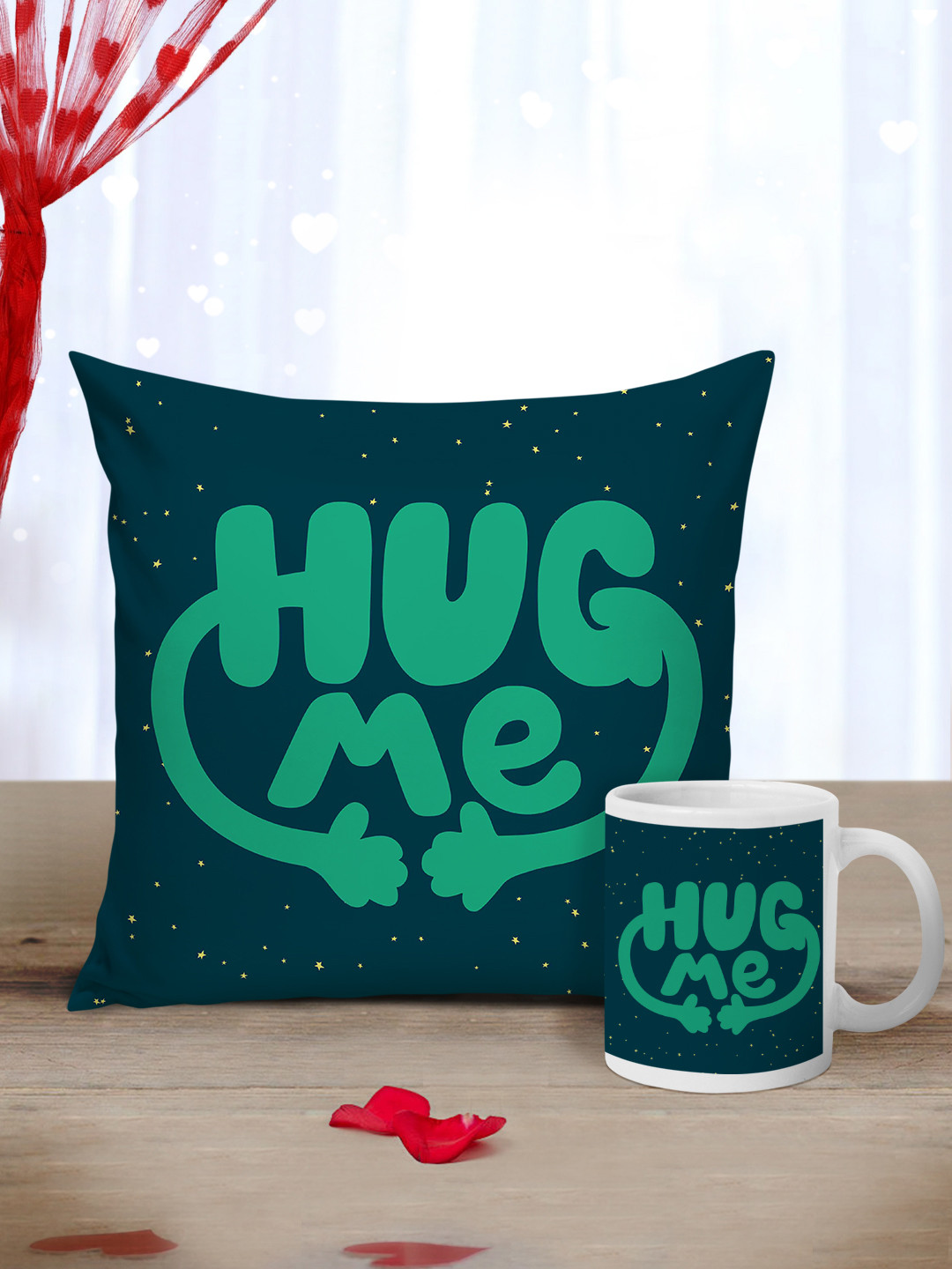 Tied Ribbons Navy Blue & Green Valentine Cushion and Mug Gift Set