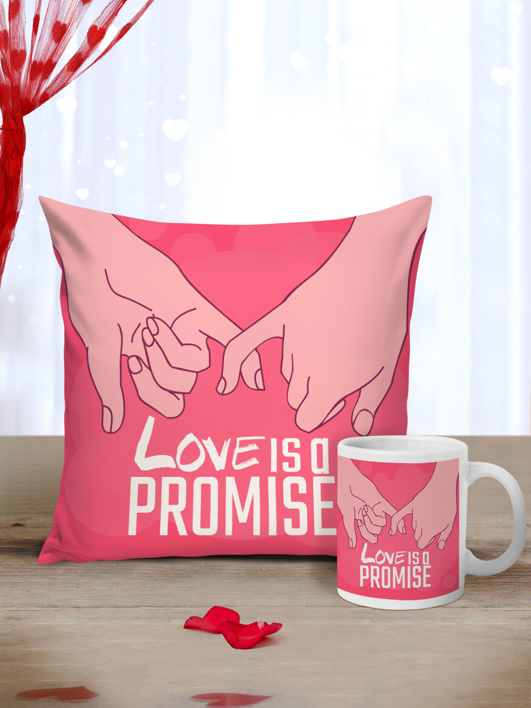 Tied Ribbons Unisex Pink Cushion With Coffee Mug
