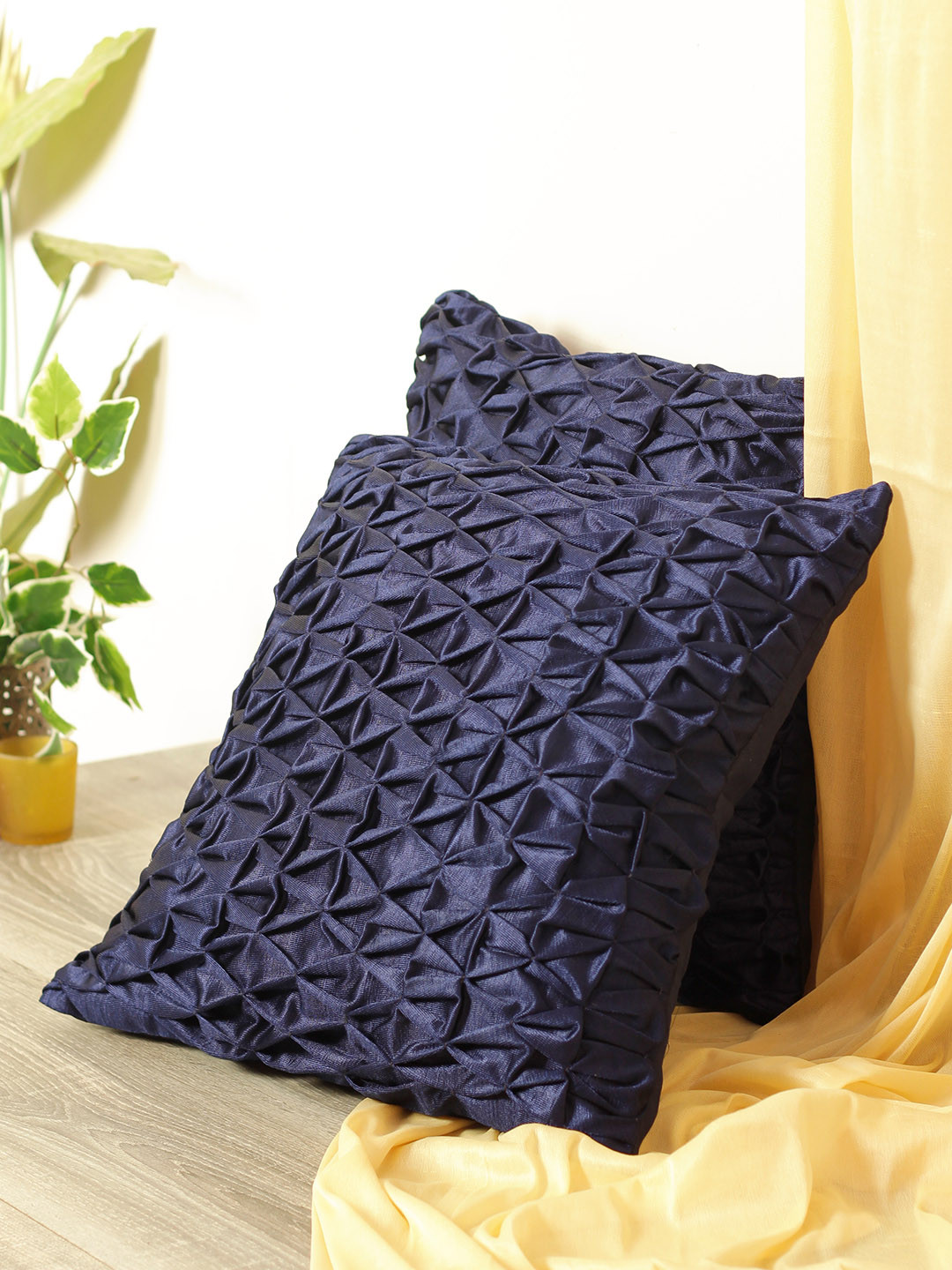 ROMEE Navy Blue Polyester Washable 2 Pcs Textured Rectangle Cushion Covers - 16 x 16 In
