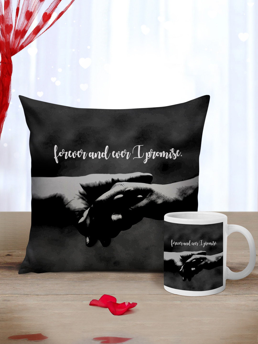 Tied Ribbons Black & White Valentine Cushion and Mug Gift Set