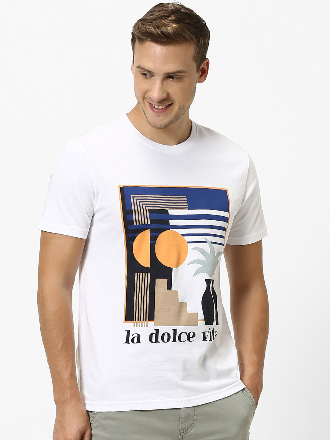 Celio Men White Printed Round Neck Pure Cotton T-shirt