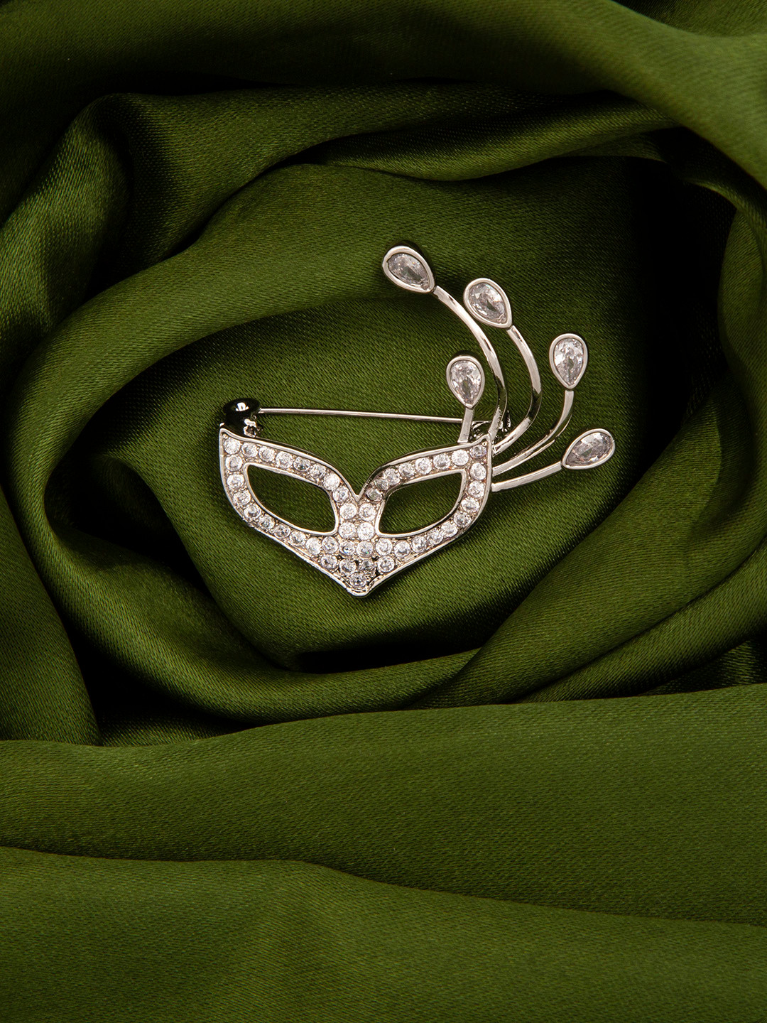 Mali Fionna Women Silver-Toned & White Stone-Studded Masquerade Mask-Shaped Brooch