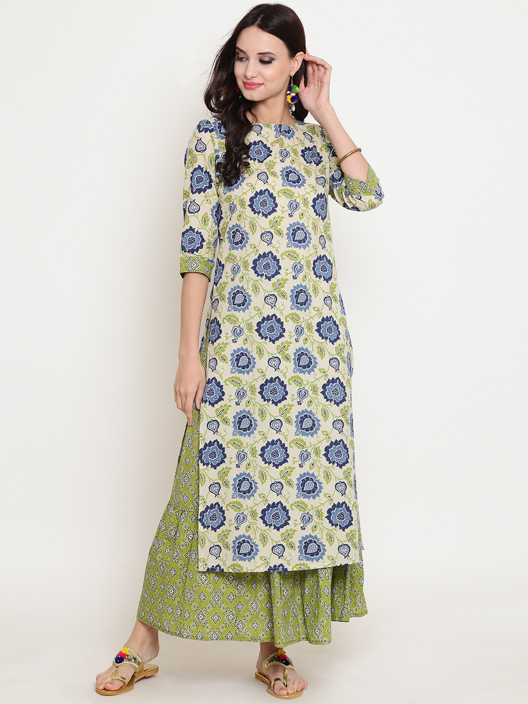 Sera Women Off-White & Green Printed Kurta with Skirt