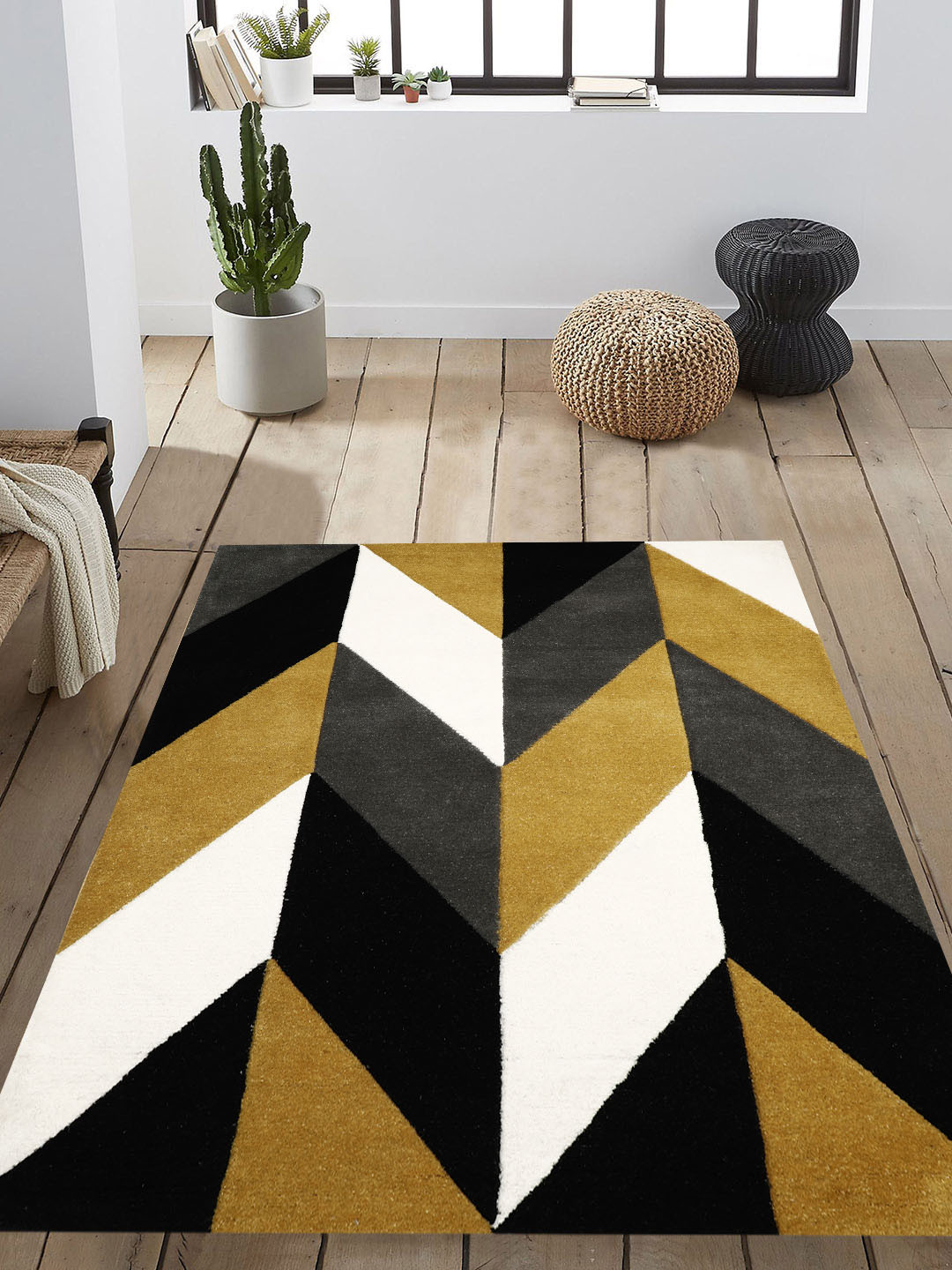 PRESTO Mustard Yellow & White Geometric Printed Hand Tufted Wool Anti-Skid Carpet