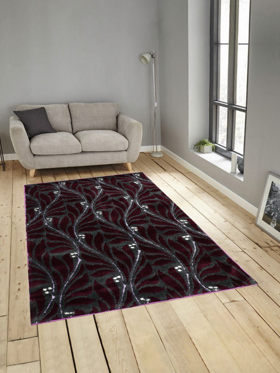 PRESTO Maroon & Grey Floral-Printed Anti-Skid Carpet
