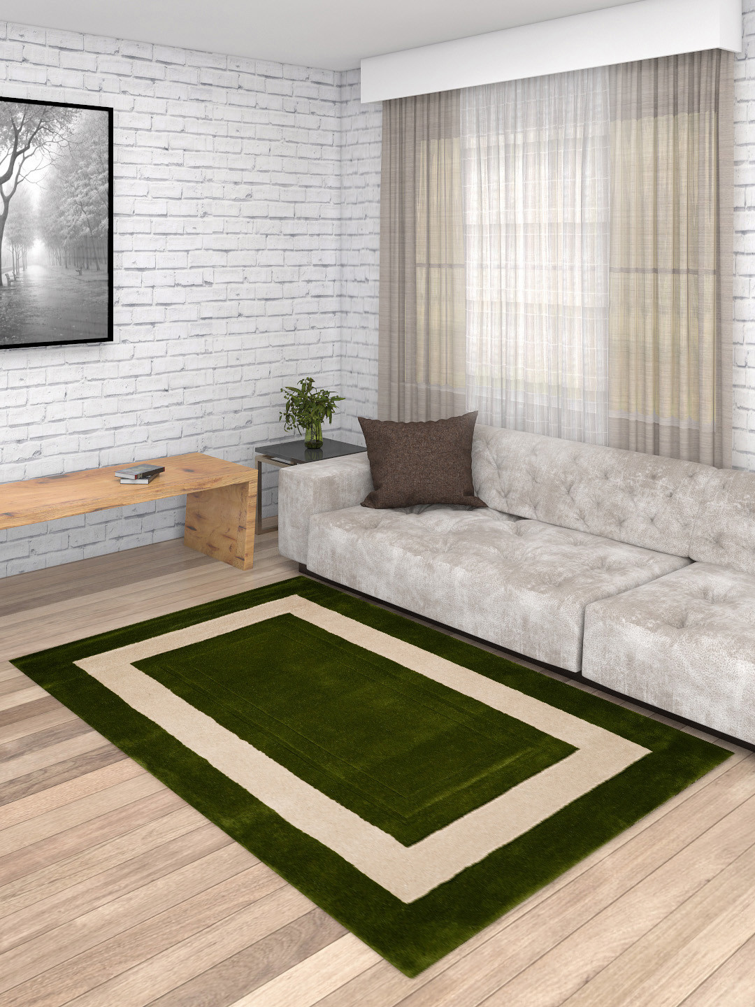 PRESTO Green & Beige Printed Hand Tufted Wool Anti-Skid Carpet