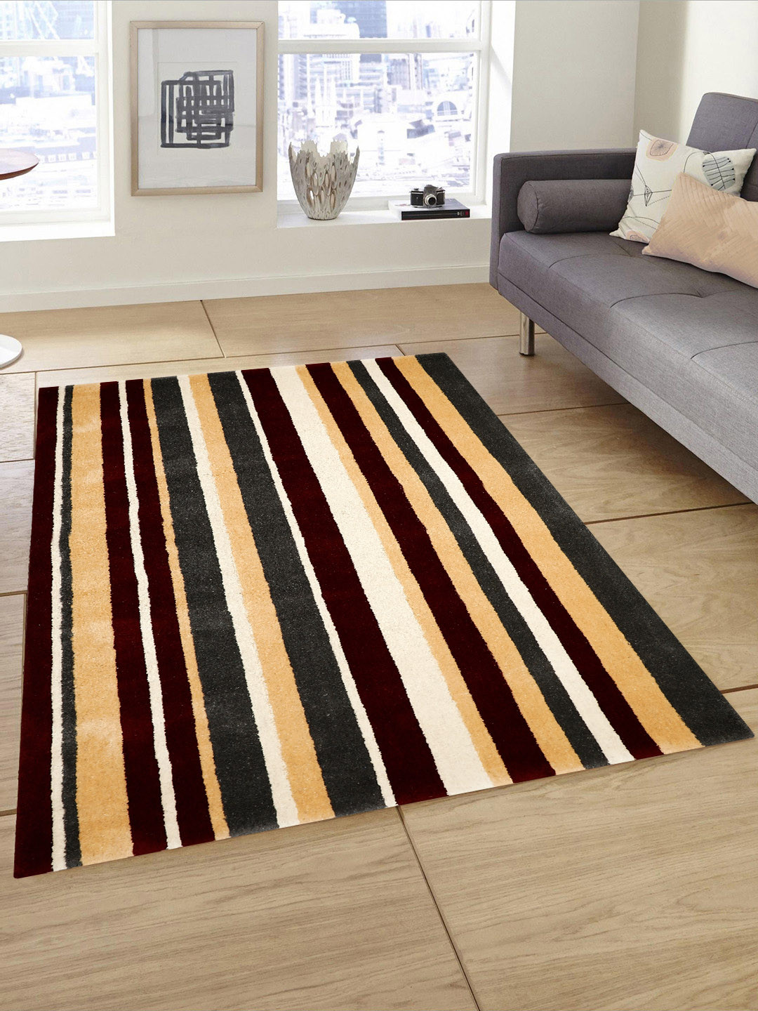 PRESTO Maroon & Cream-Coloured Striped Hand Tufted Wool Anti-Skid Carpet
