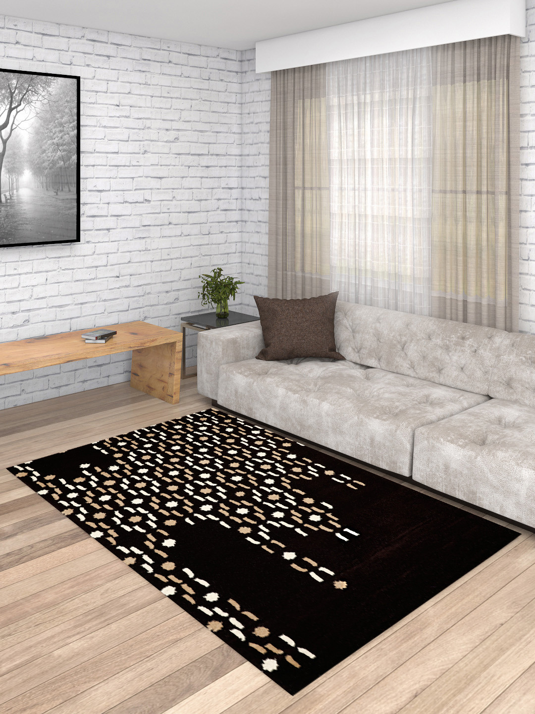 PRESTO Brown & Cream Printed Hand Tufted Wool Anti-Skid Carpet