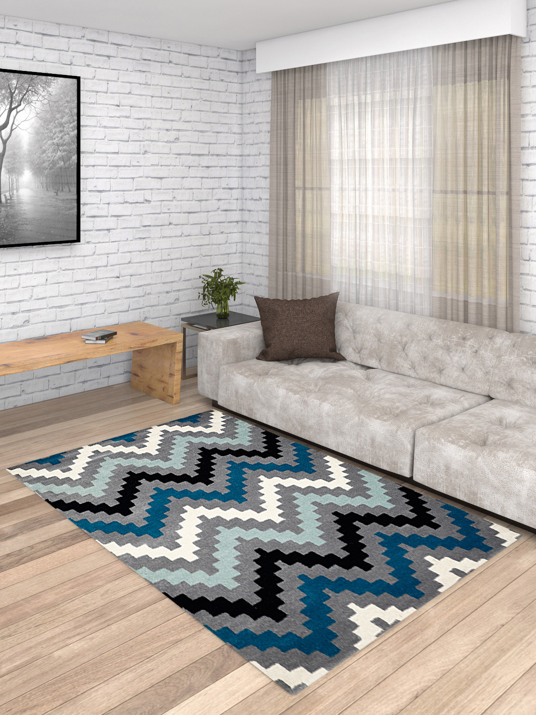 PRESTO Blue & Grey Geometric Patterned Anti-Skid Woolen Hand Tufted Carpet
