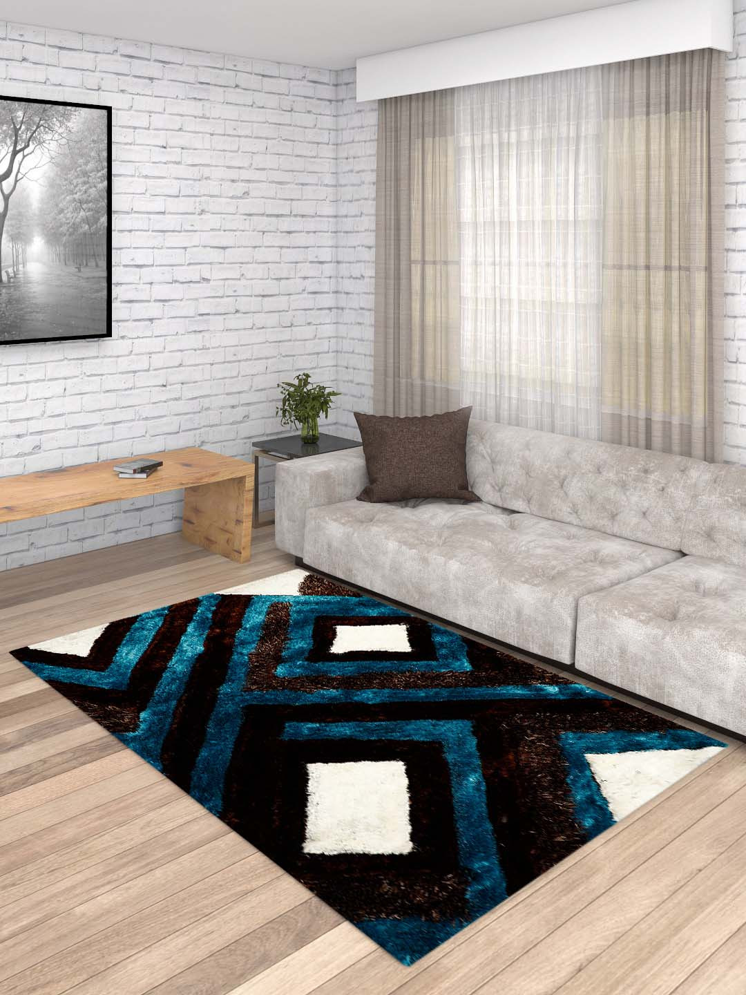 PRESTO Brown & Teal Blue Printed Anti-Skid Carpet