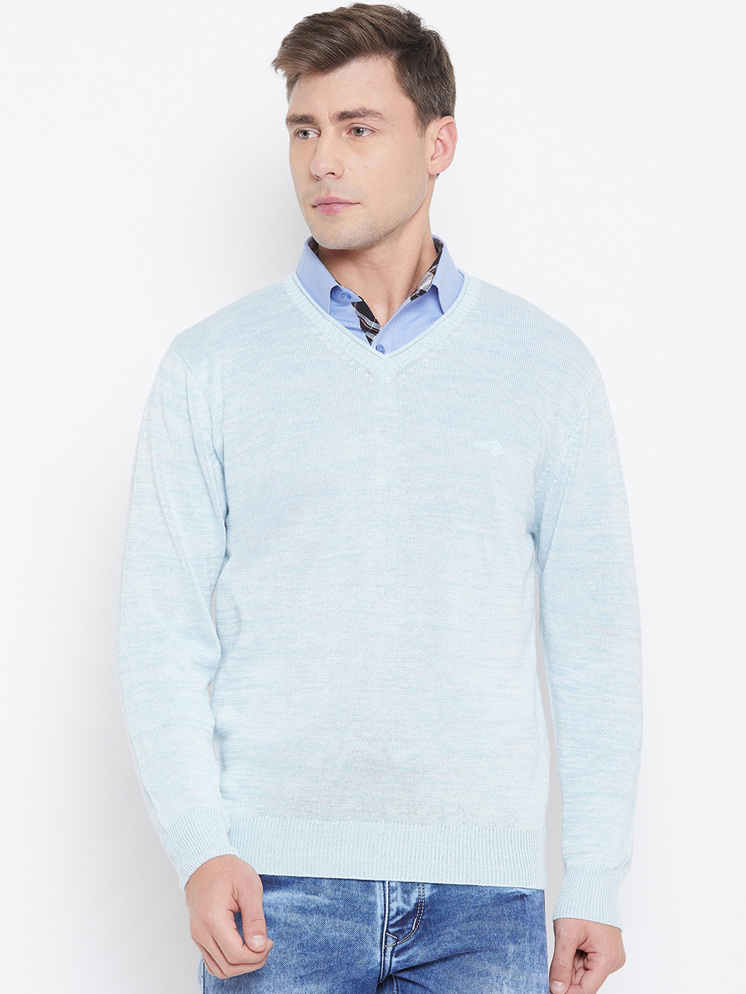 Duke Men Blue Solid Woolen Pullover Sweater