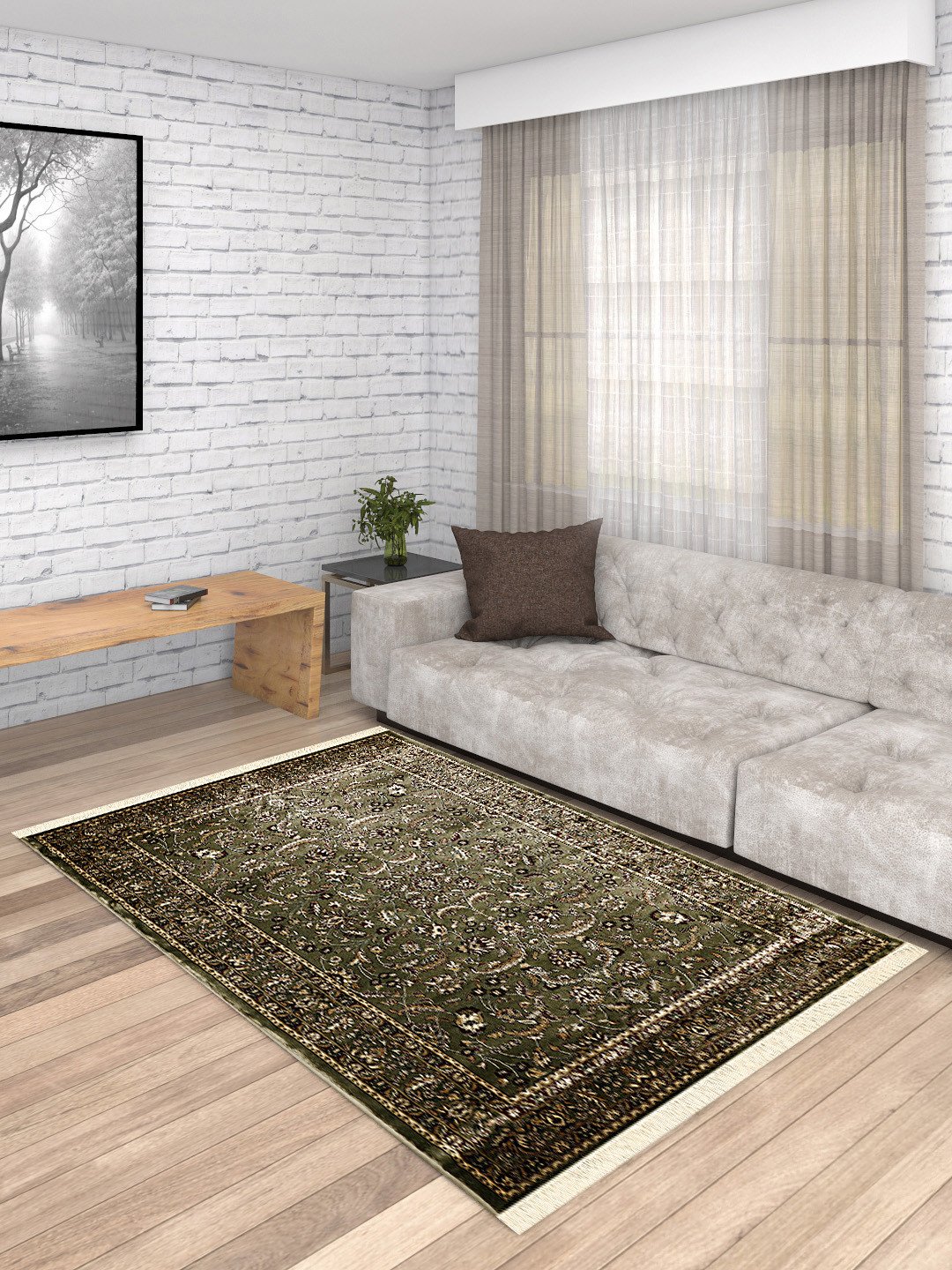 PRESTO Olive Green & Beige Patterned Anti-Skid Silk Persian Carpet