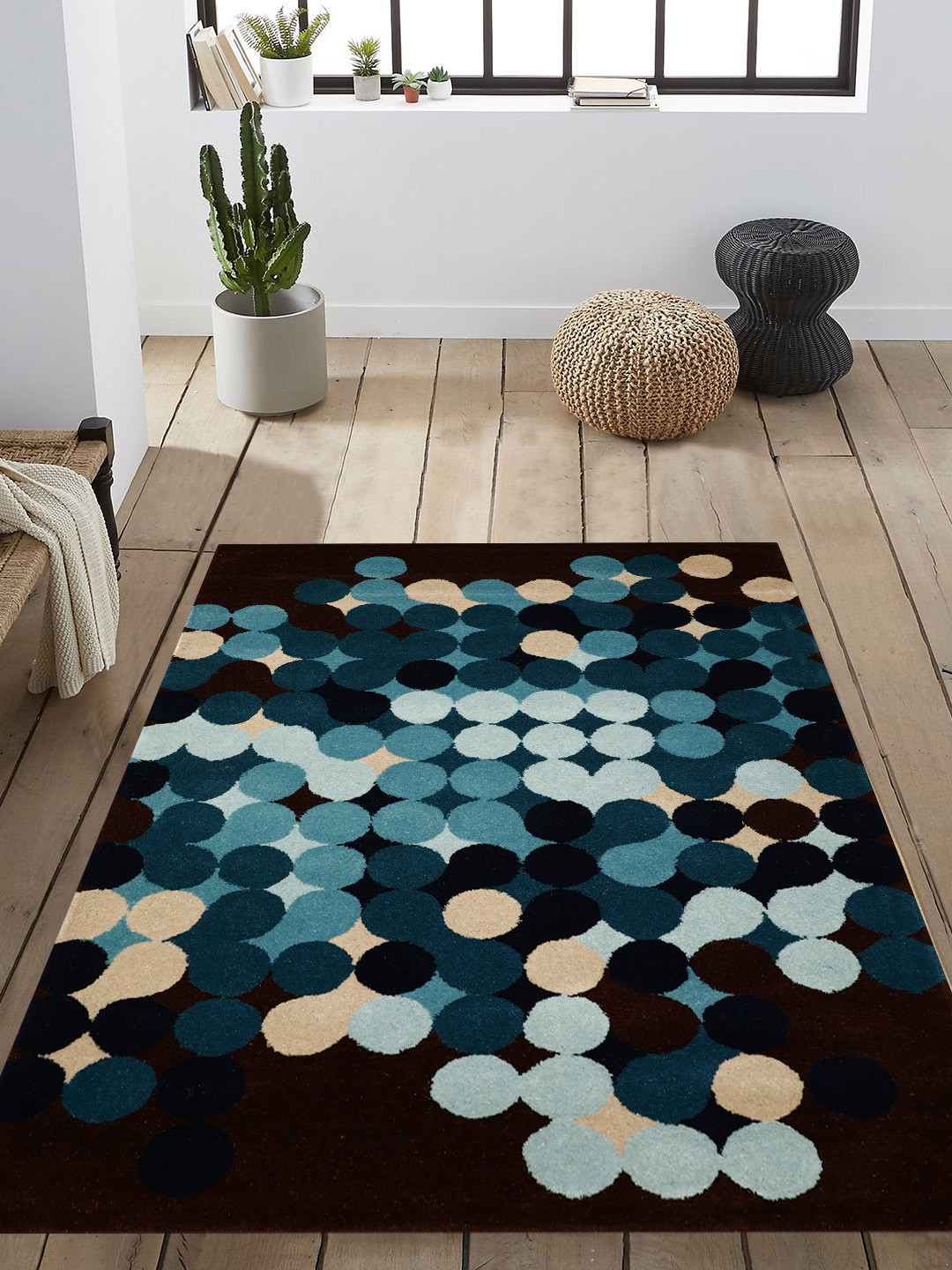 PRESTO Blue & Brown Geometric Patterned Hand-Tufted Anti-Skid Woolen Carpet