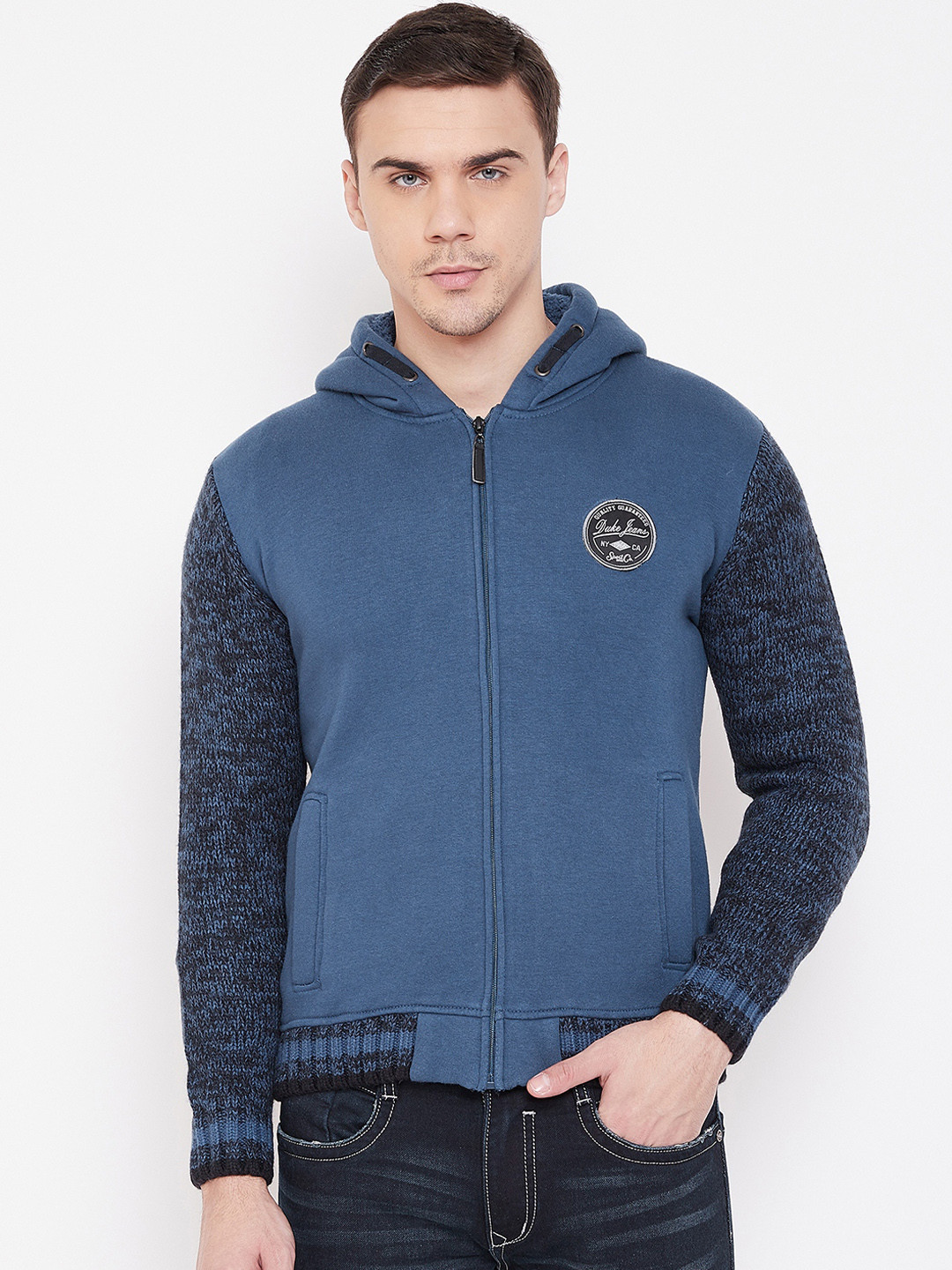 Duke Men Blue Solid Woolen Front-Open Sweater