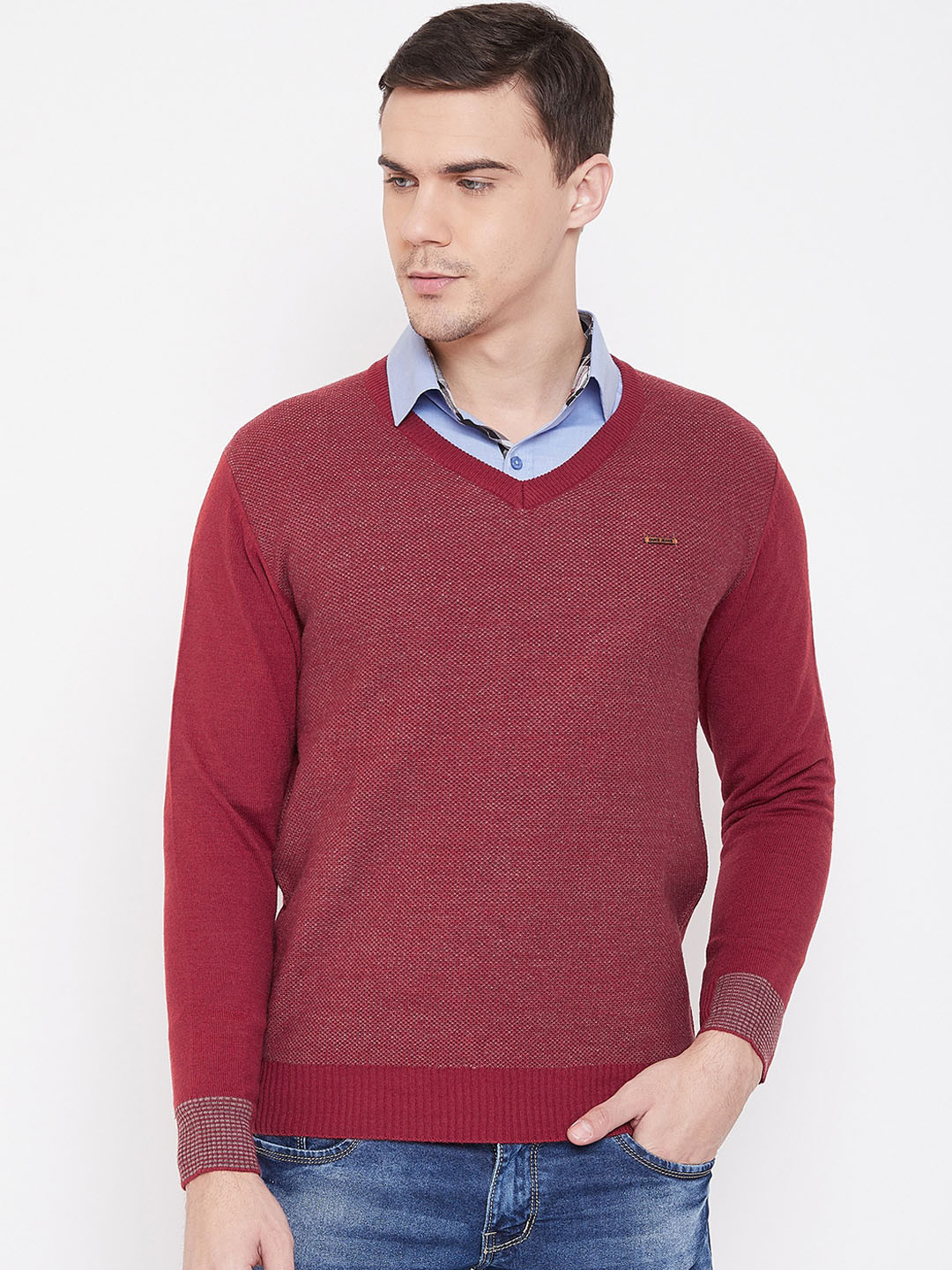 Duke Men Rust Red Solid Pullover Sweater