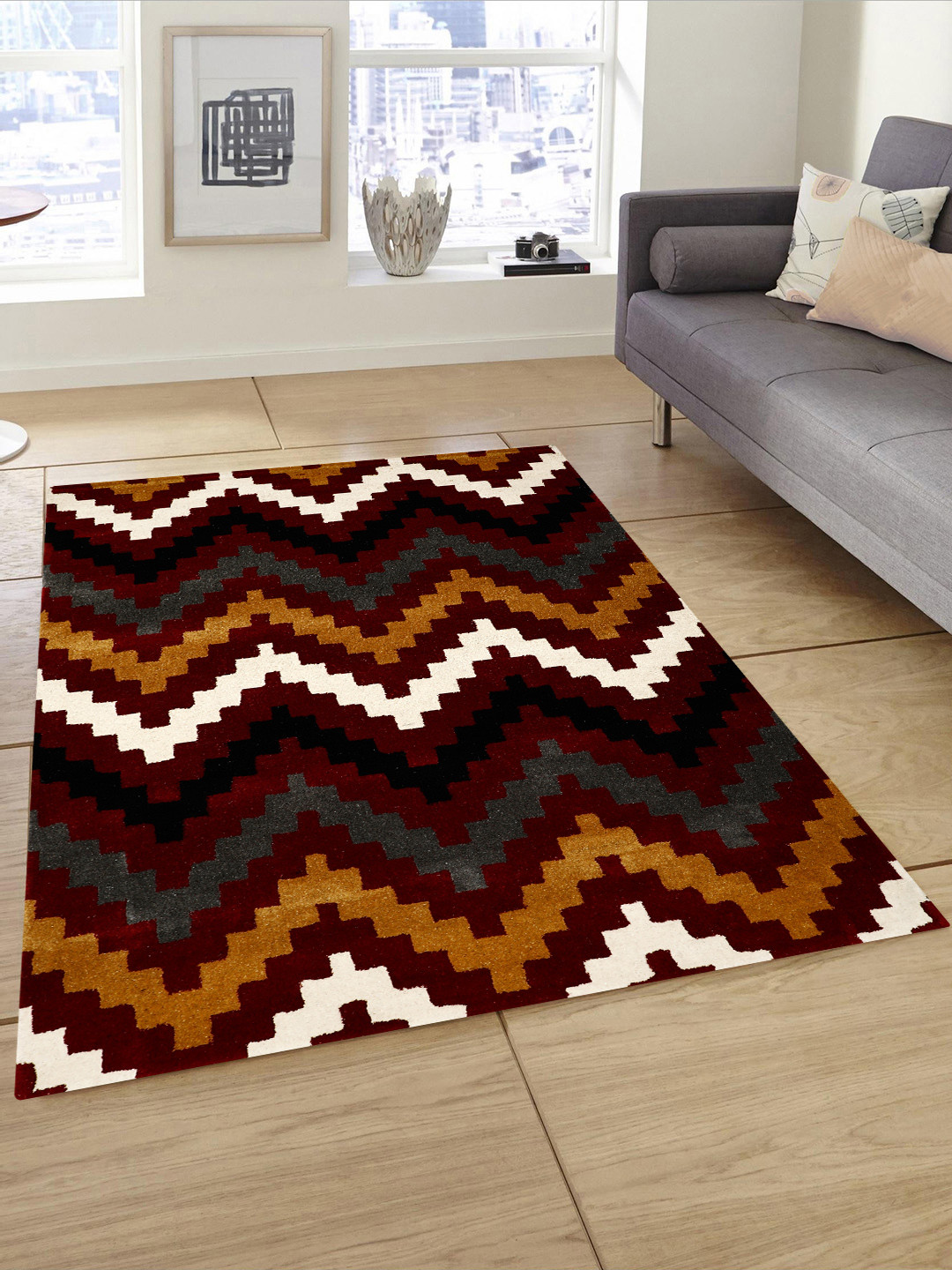 PRESTO Red & Gold-Toned Printed Heavy Shaggy Anti-Skid Carpet