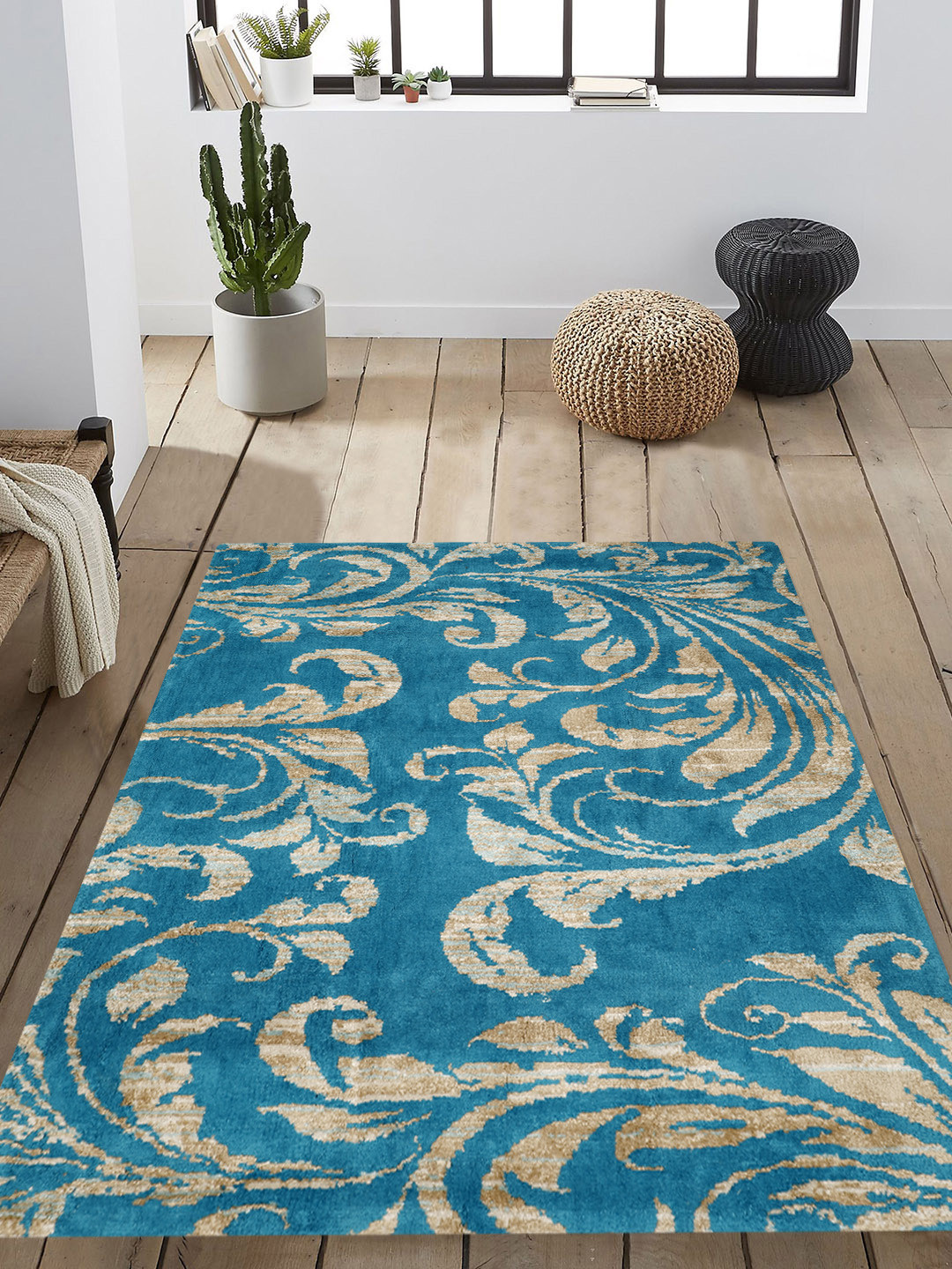 PRESTO Turquoise Blue & Beige Patterned Anti-Skid Carpet