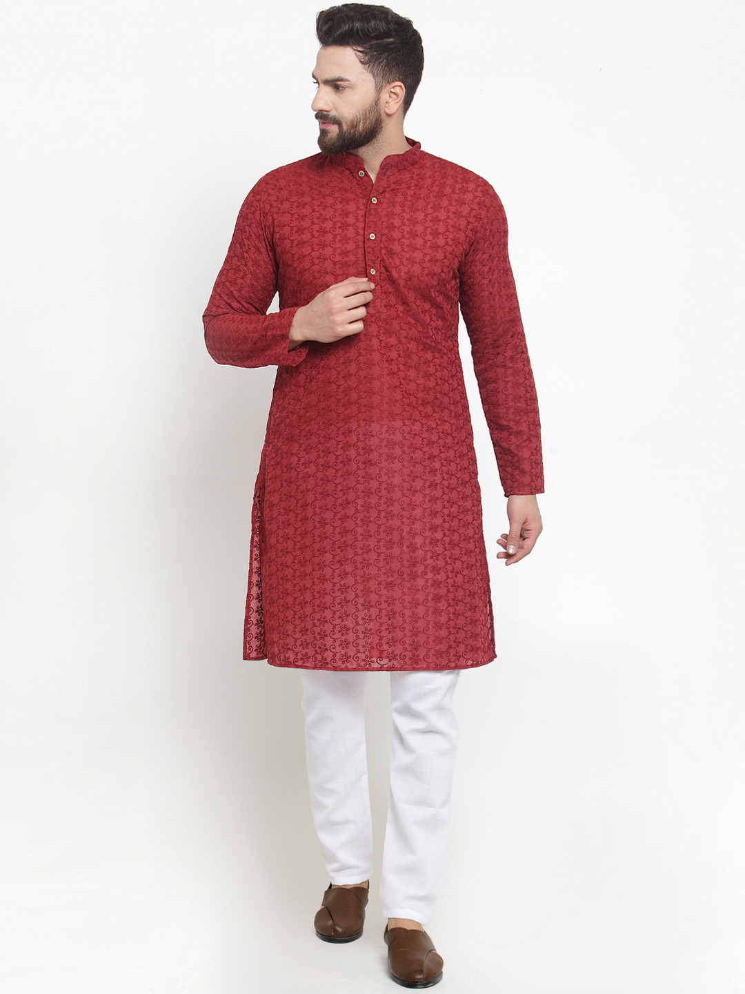 TREEMODA Men Maroon & White Embroidered Chikankari Kurta with Pyjamas