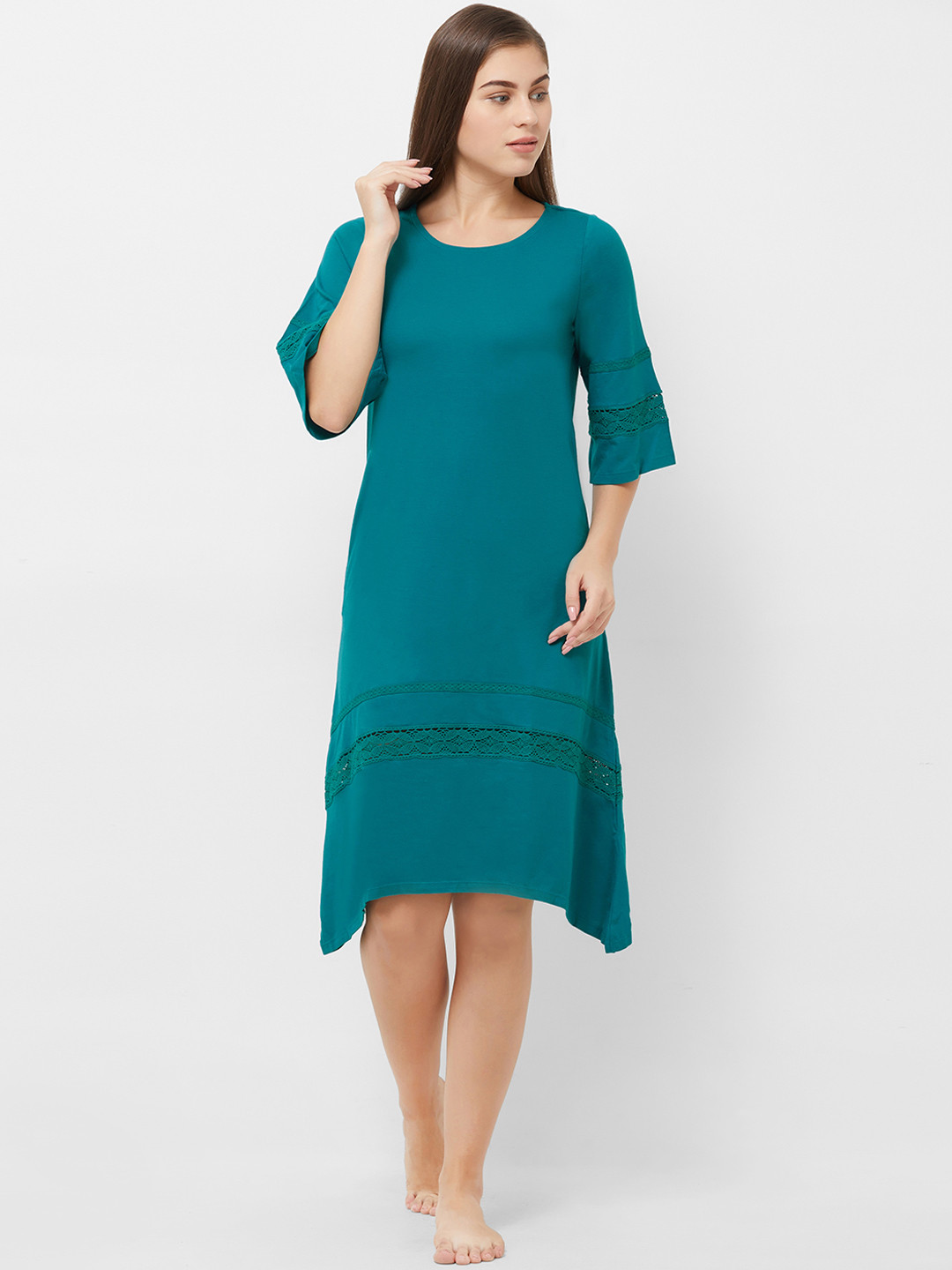 Soie Blue Solid Knee Length Nightdress