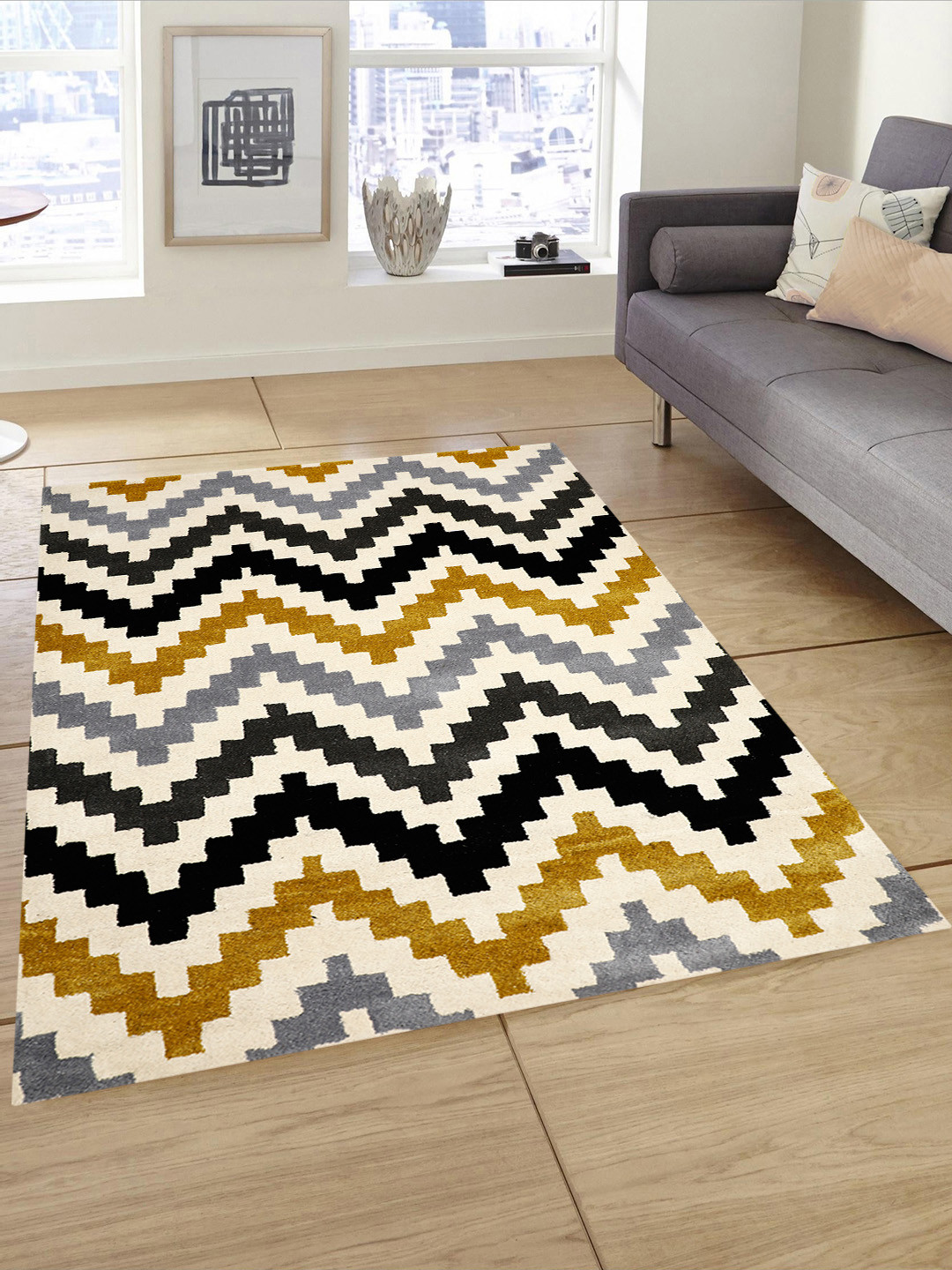 PRESTO Grey & Mustard Yellow Geometric Patterned Heavy Shaggy Anti-Skid Woolen Carpet