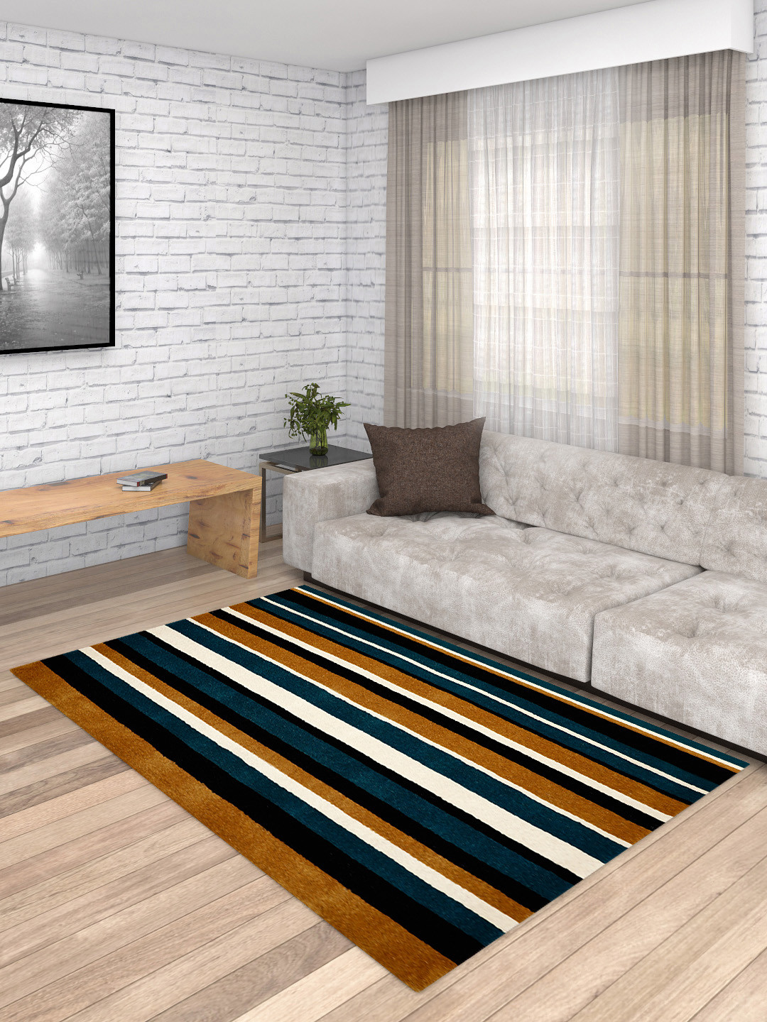 PRESTO Brown & Blue Striped  Hand Tufted Wool Anti-Skid Carpet