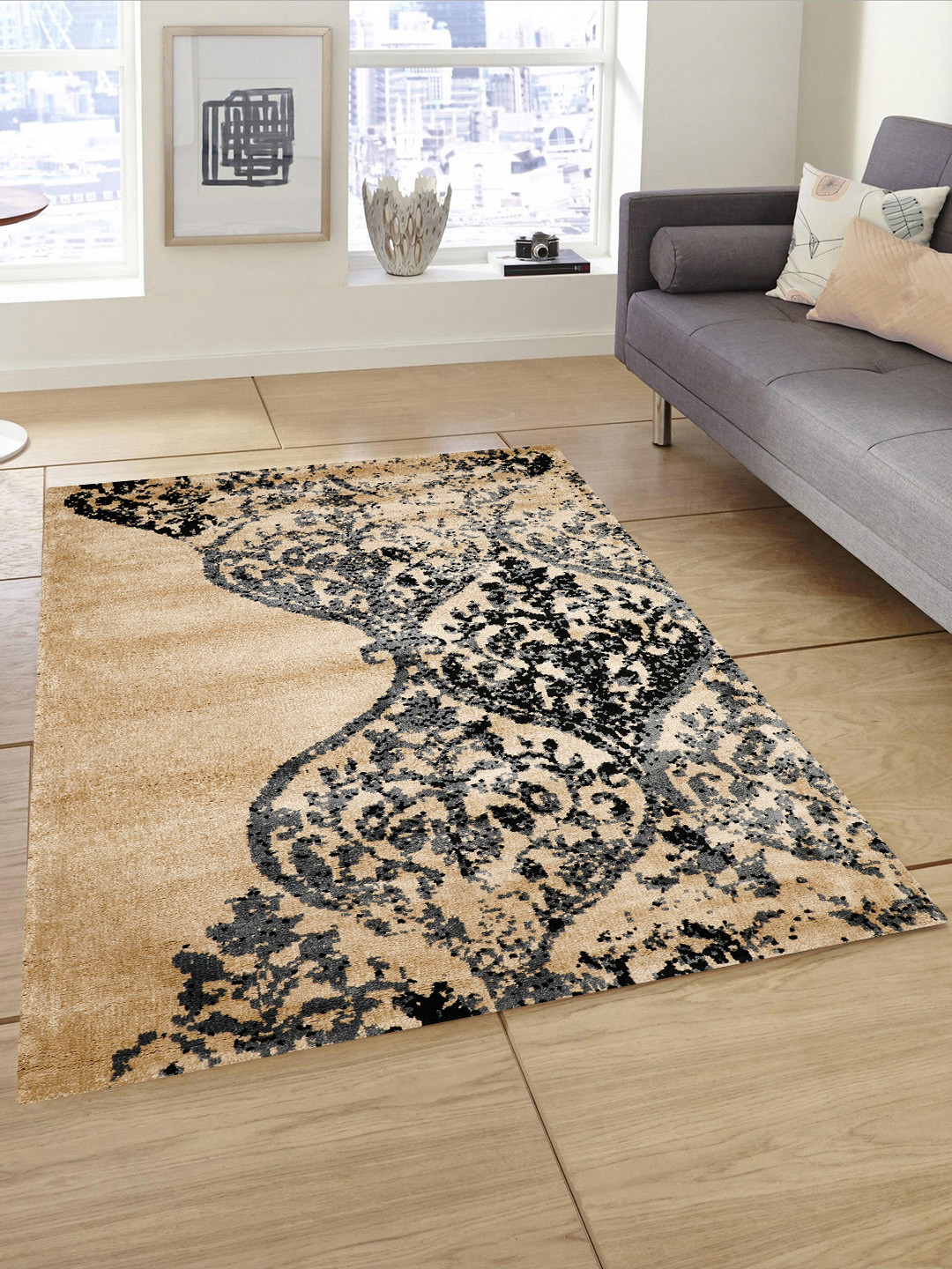 PRESTO Gold-Toned & Grey Printed Anti-Skid Carpet