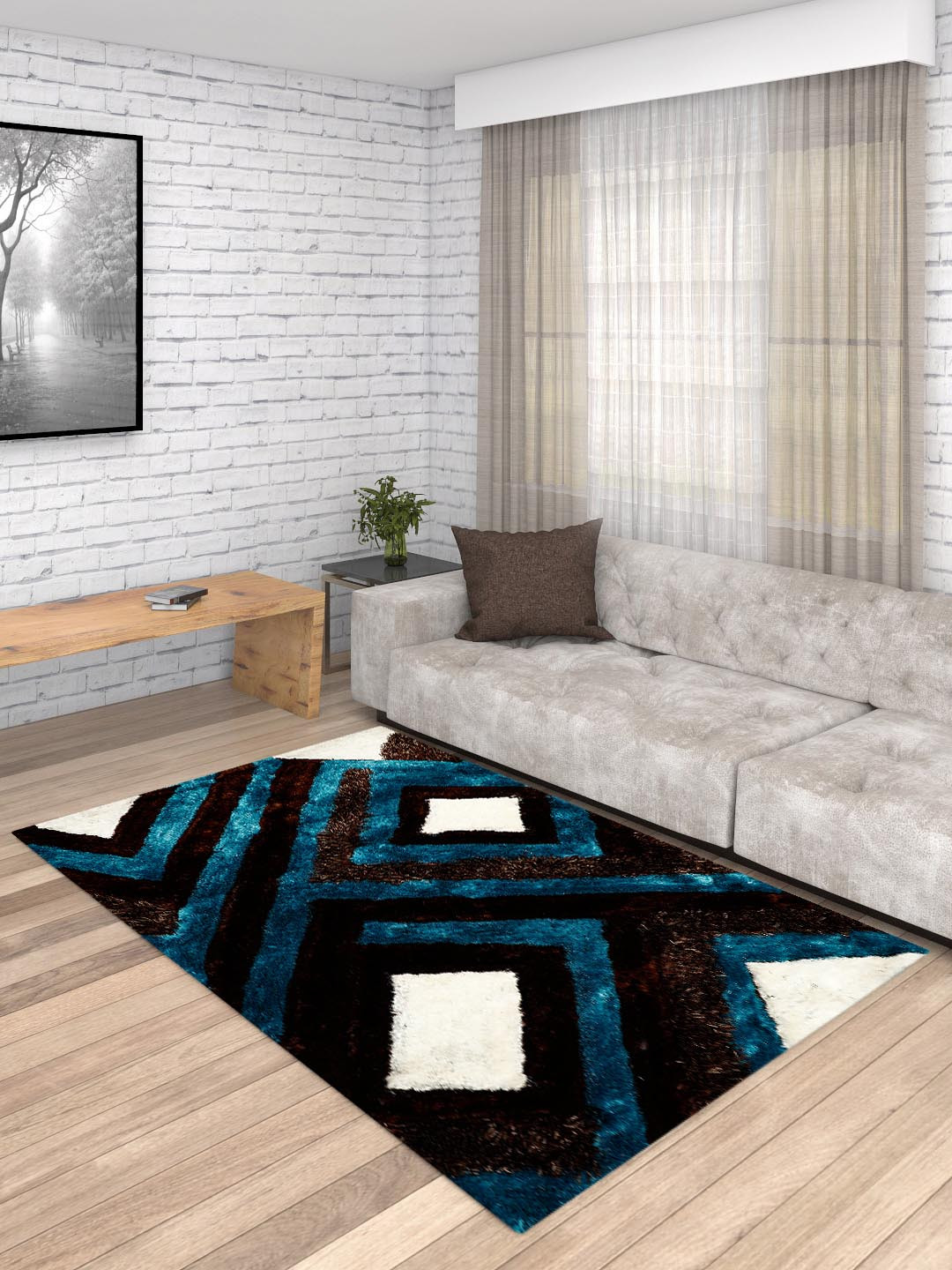 PRESTO Brown & Teal Blue Printed Anti-Skid Carpet