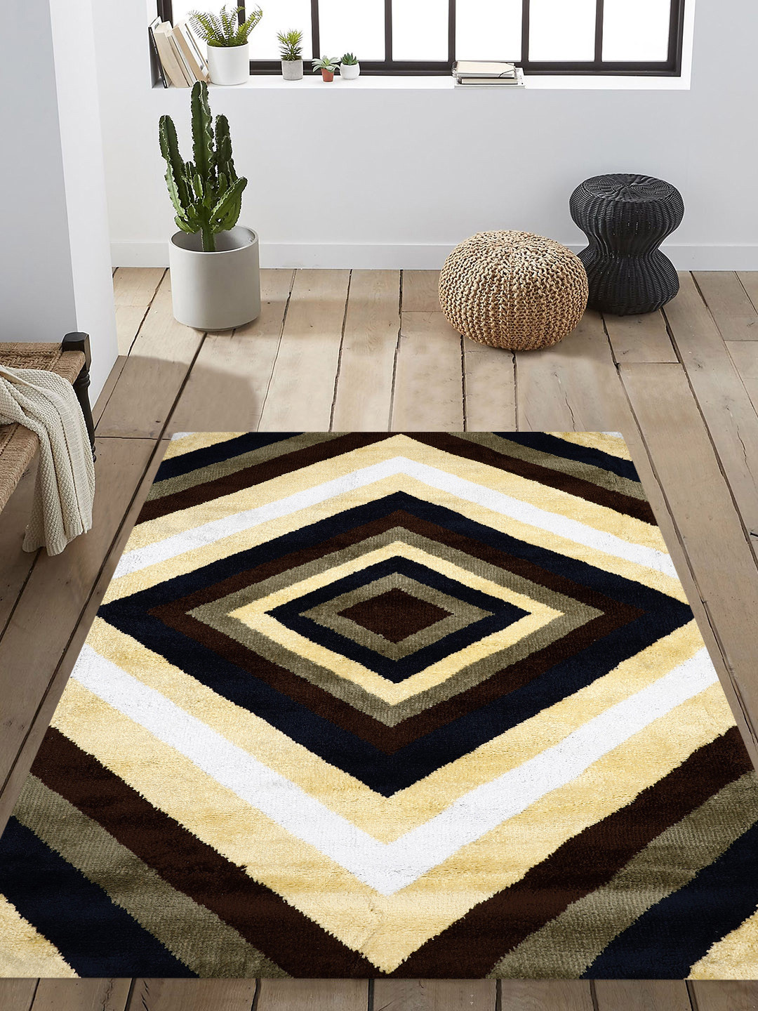 PRESTO Beige & Navy Blue Geometric Anti-Skid Carpet
