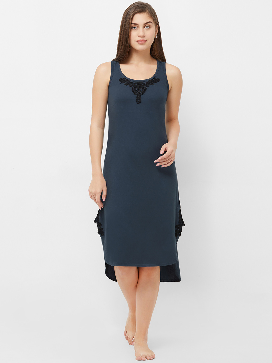 Soie Navy Blue Solid Knee Length Nightdress