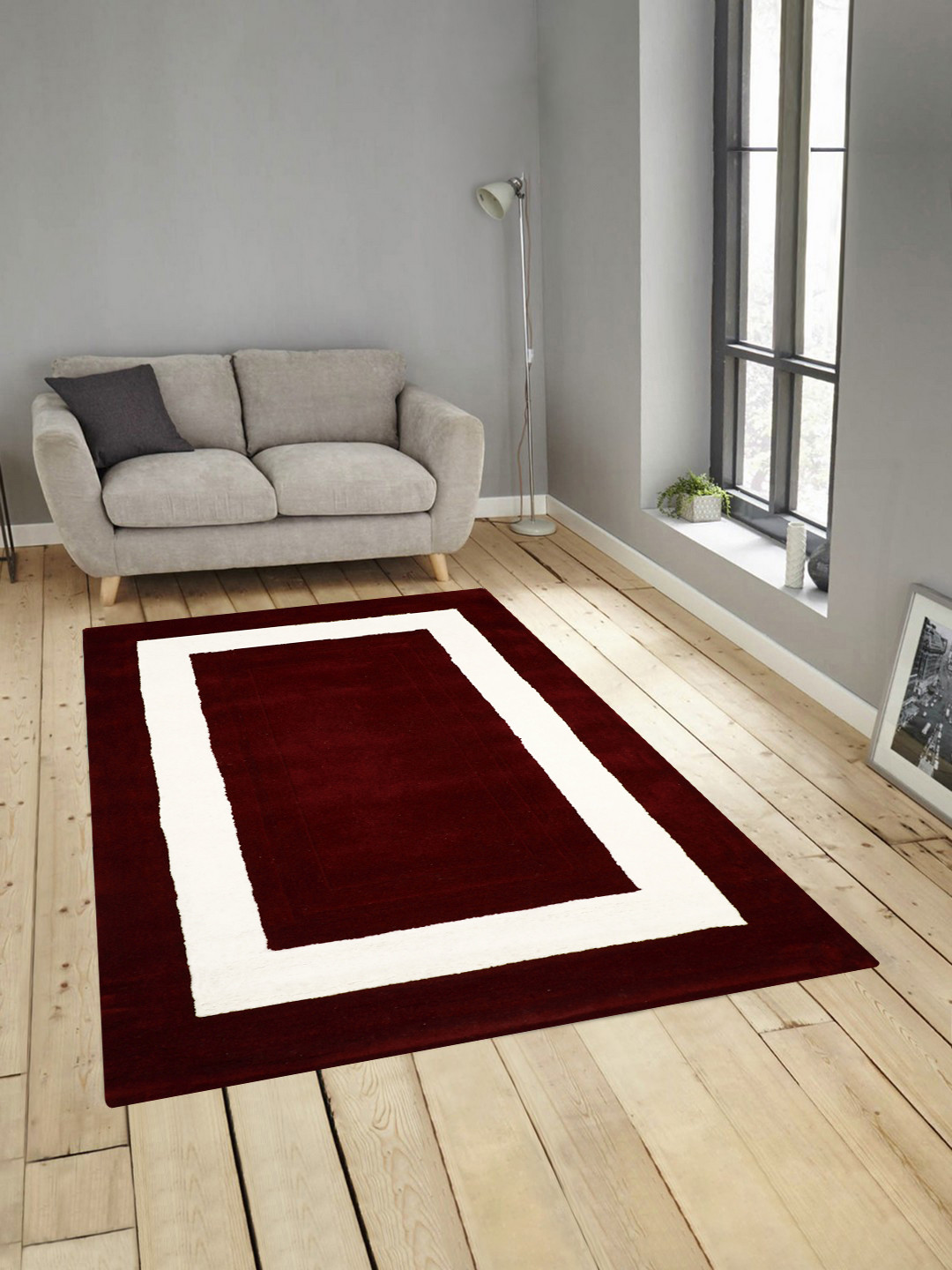 PRESTO Maroon & White Hand Tufted Woolen Heavy Shaggy Anti-Skid Carpet