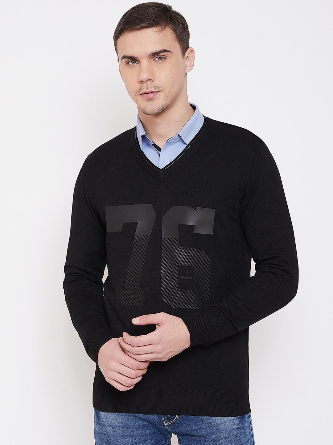 Duke Men Black Printed Pullover Sweater