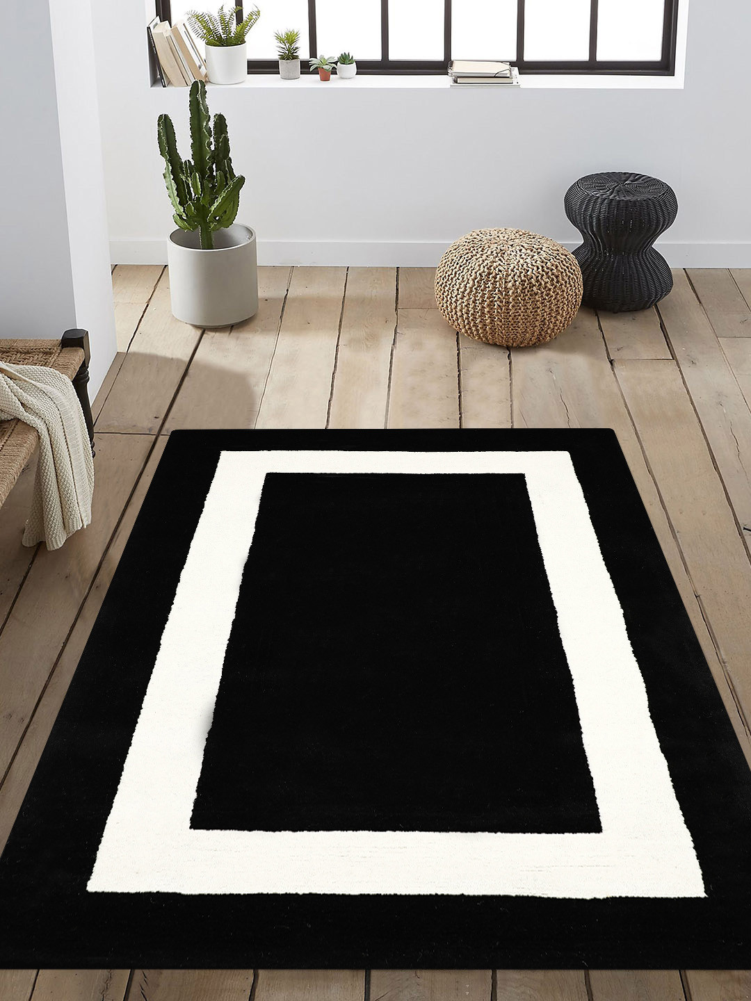 PRESTO Black & White Rectangular Wool Hand Tufted Anti-Skid Carpet