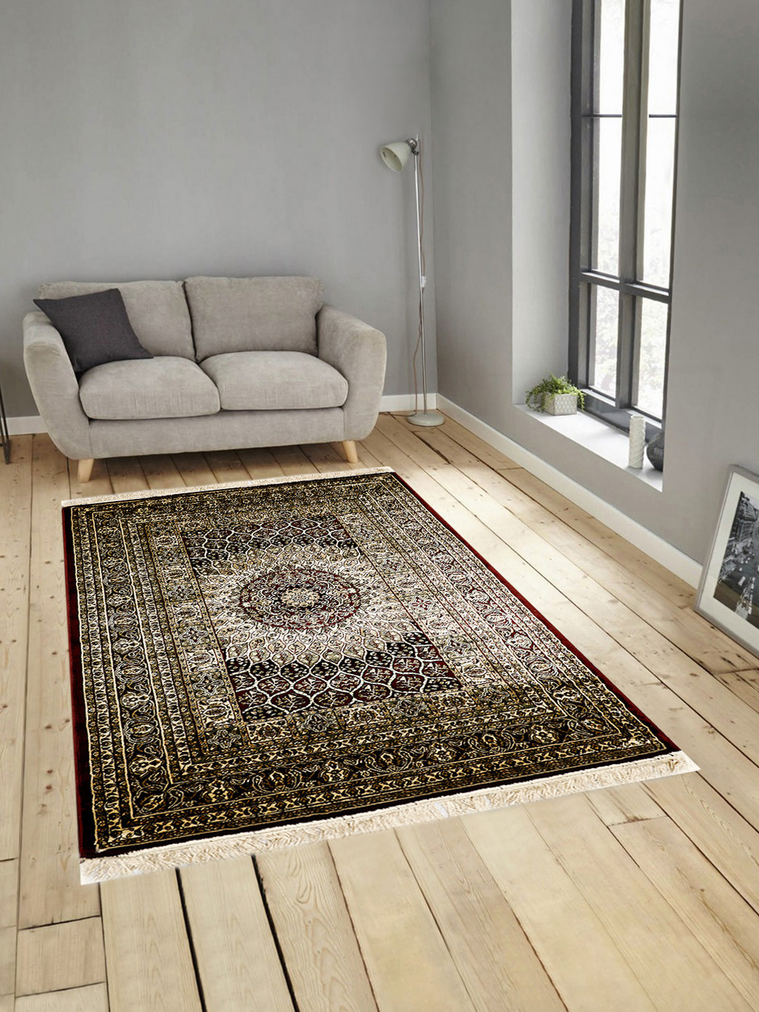 PRESTO Maroon & Beige Rectangular Anti-Skid Silk Carpet