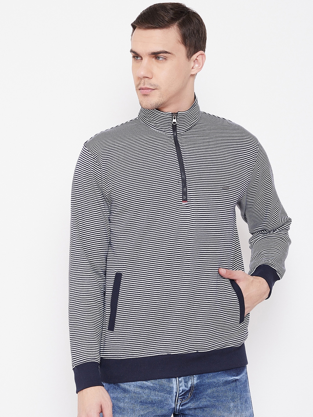 Duke Men Blue White Striped Sweatshirt