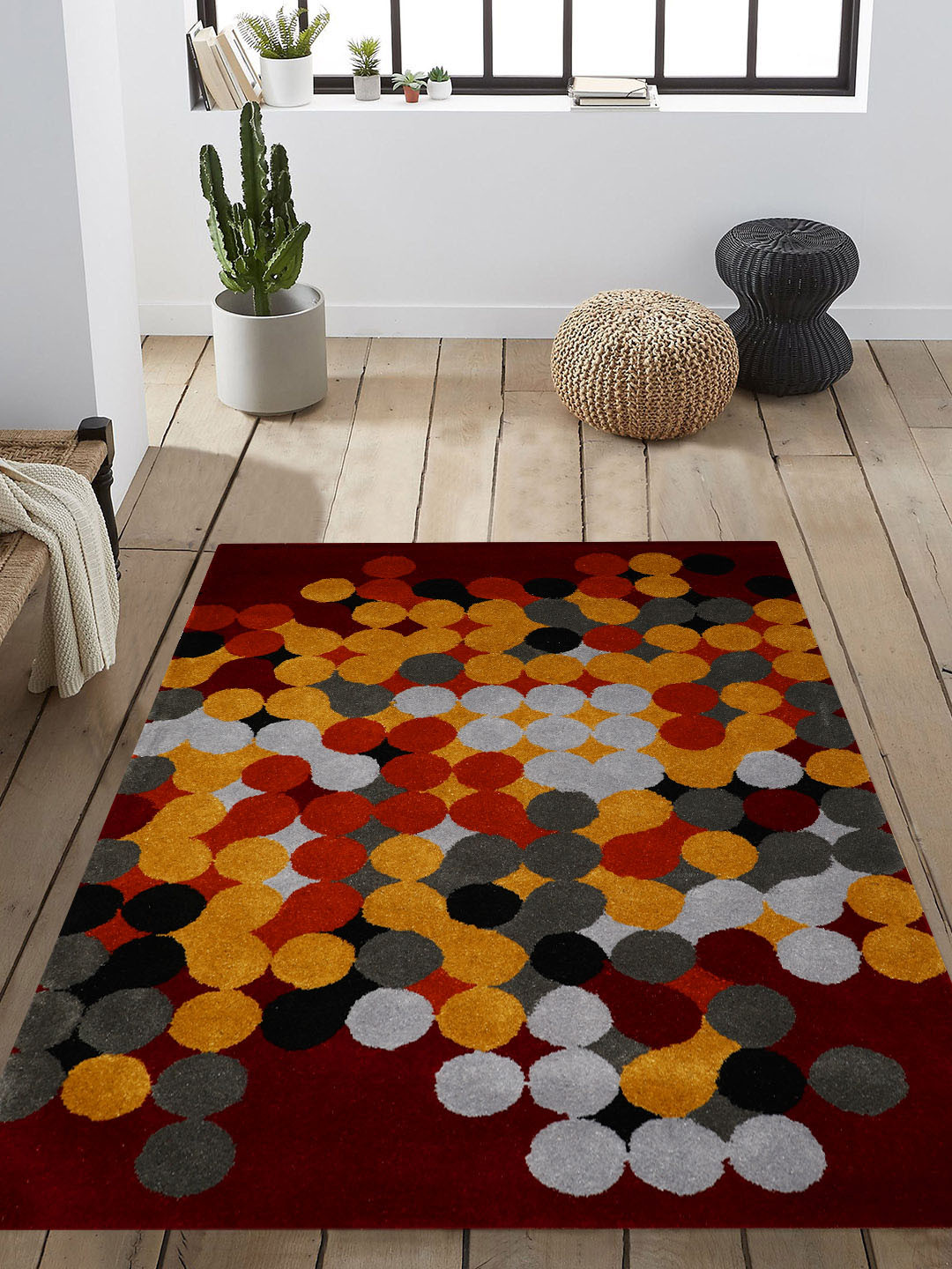 PRESTO Maroon & Mustard Yellow Geometric Patterned Heavy Shaggy Anti-Skid Woolen Carpet