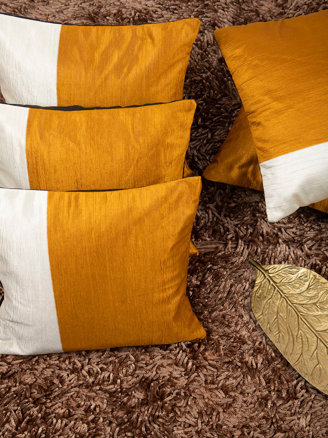 HOUZZCODE Set of 5 Mustard Yellow & Off-White Colourblocked Square Cushion Covers