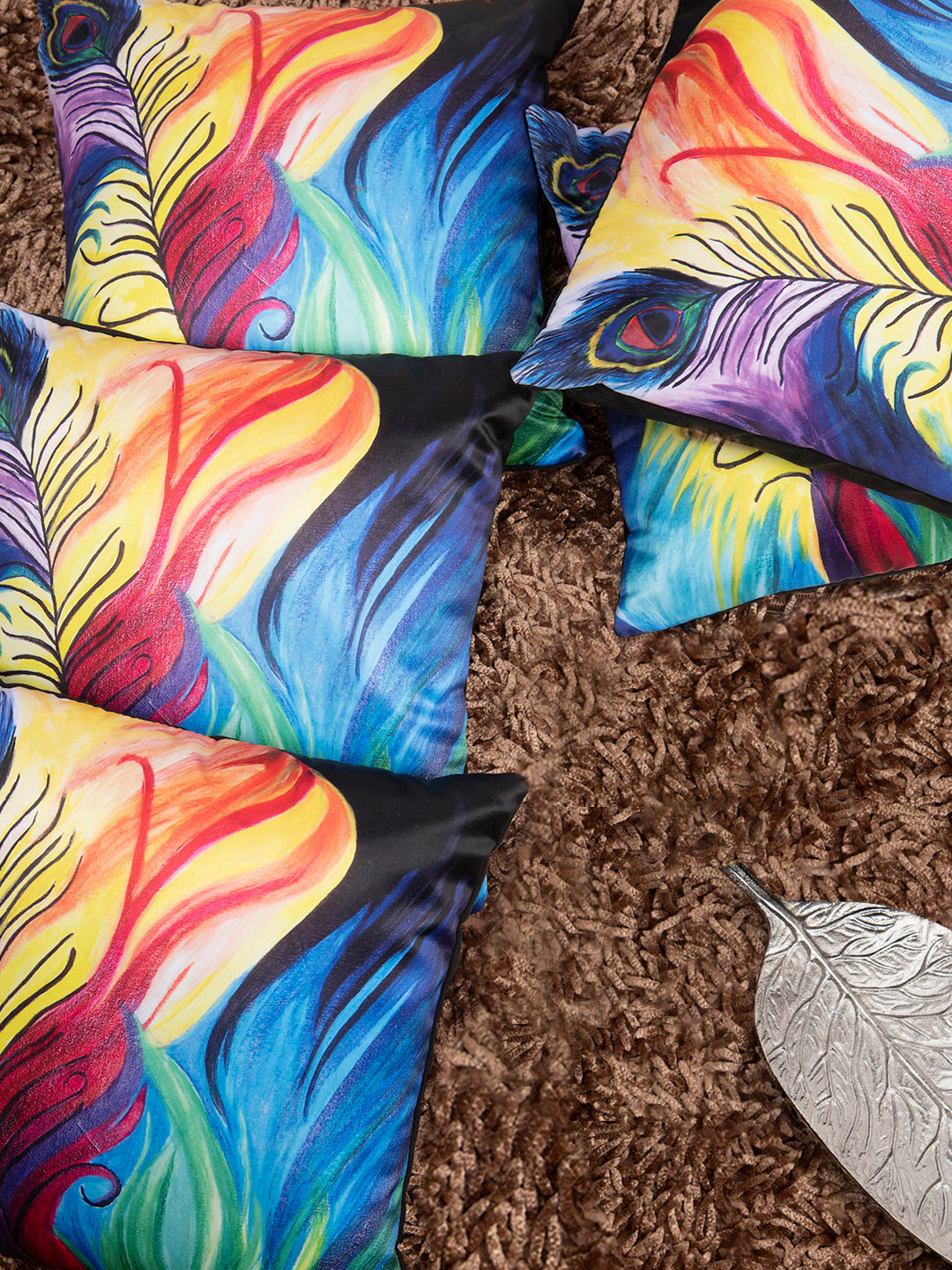 HOUZZCODE Blue Ethnic Motifs Polyester Washable 5 Piece Square Cushion Covers - 12x12In