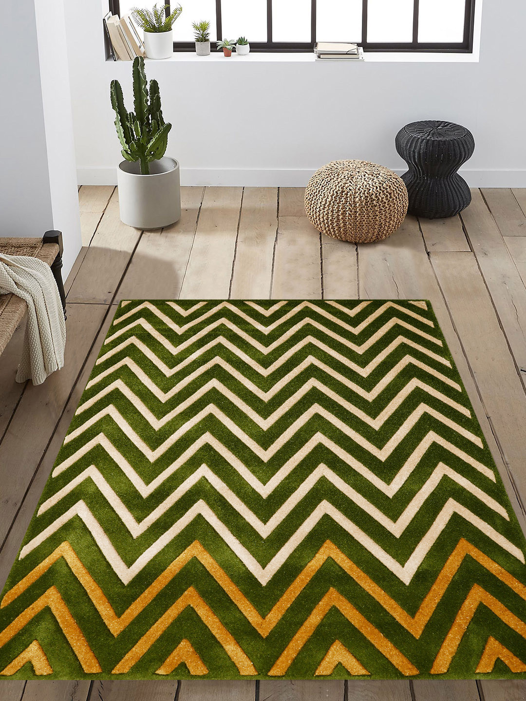 PRESTO Green & Beige Chevron Patterned Hand Tufted Wool Anti-Skid Carpet