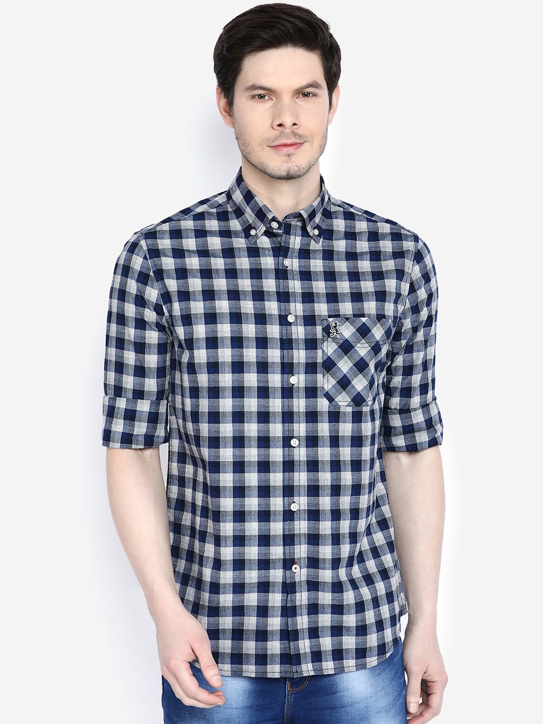 GIORDANO Men Navy Blue & Grey Checked Slim Fit Casual Shirt