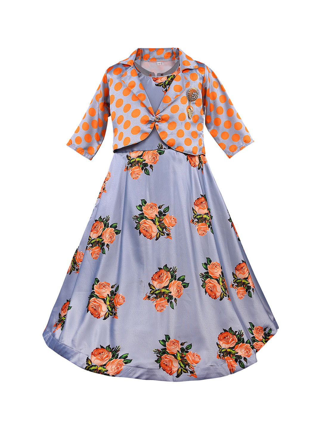 Wish Karo Girls Yellow & Grey Printed Fit and Flare Dress