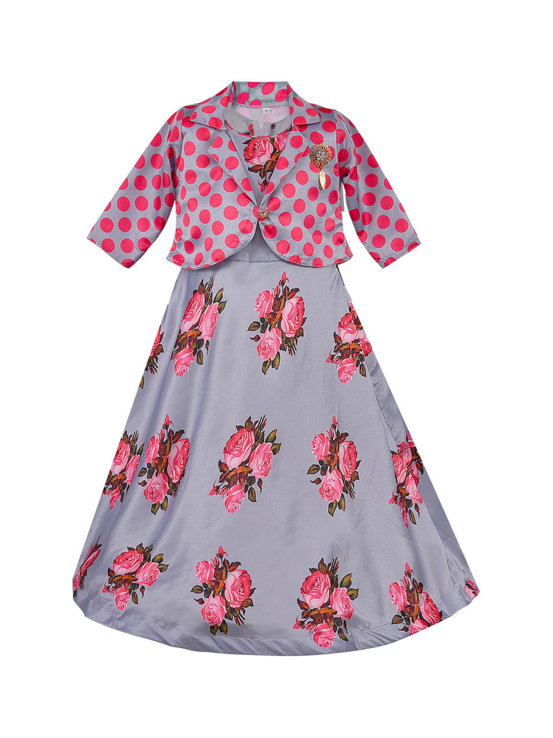 Wish Karo Girls Pink & Grey Printed Fit and Flare Dress