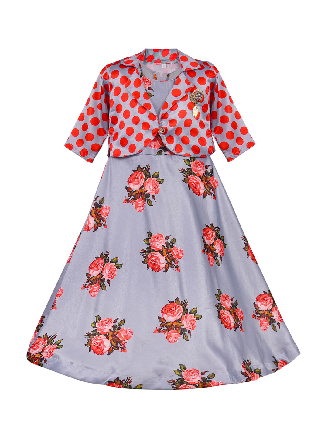 Wish Karo Girls Red & Grey Printed Fit and Flare Dress