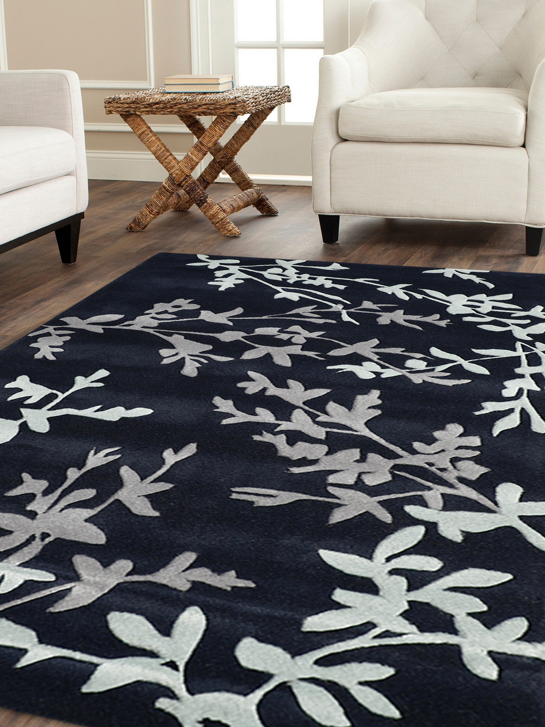 PRESTO Navy Blue & Grey Printed Hand Tufted Wool Anti-Skid Carpet
