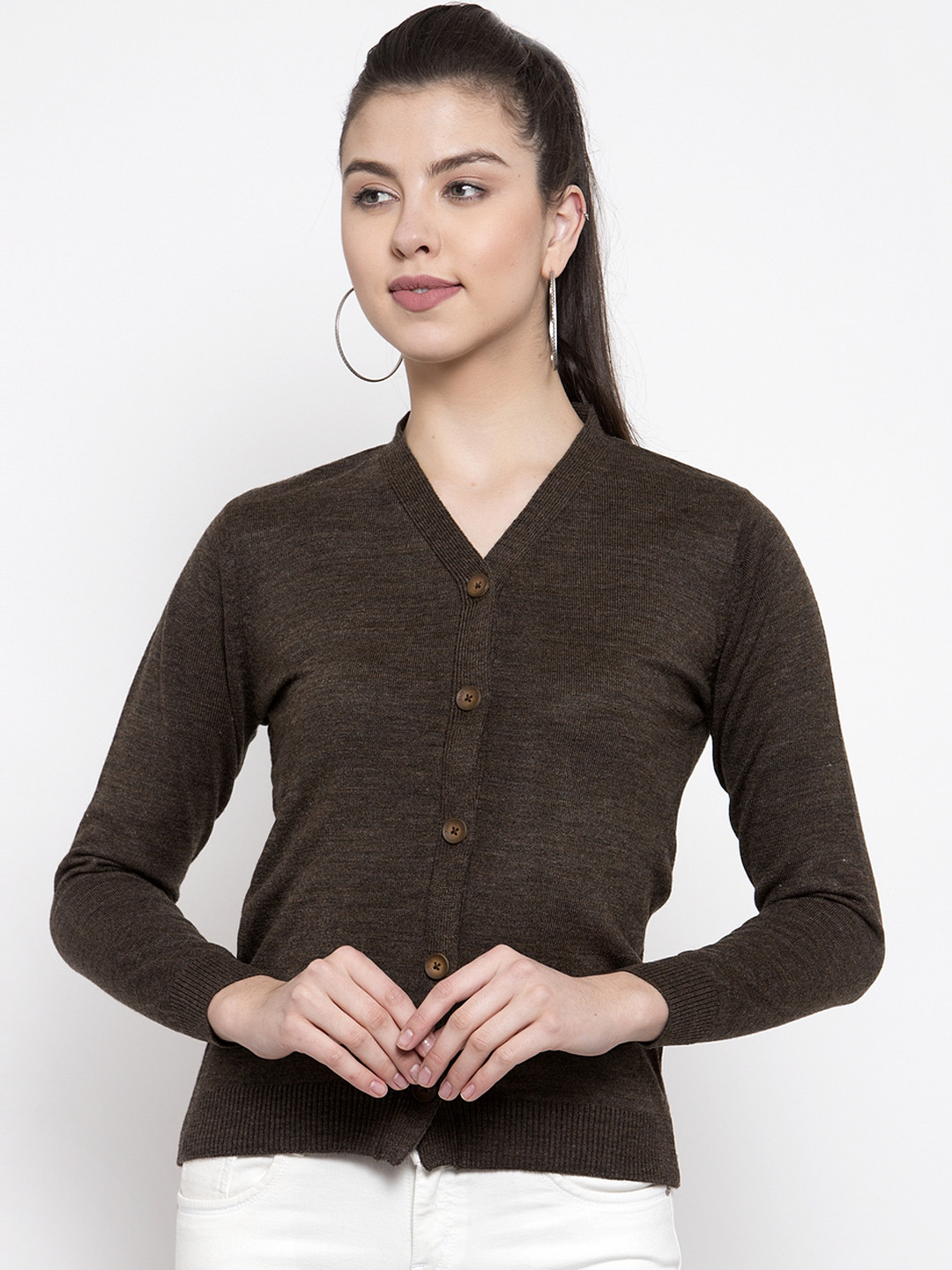 Kalt Women Coffee Brown Solid Front-Open Sweater