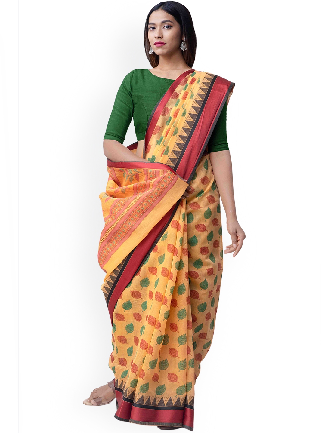 Unnati Silks Yellow Green Silk Cotton Printed Chanderi Saree
